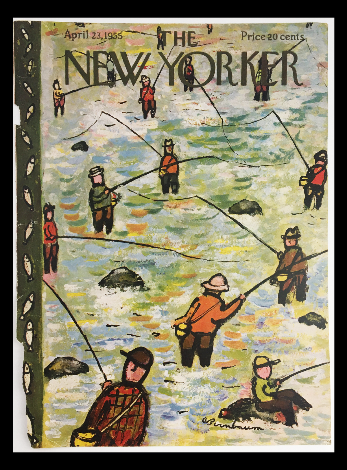 The New Yorker April 23 1955 cover designed by Abe Birnbaum featuring a colorful scene of people fishing in a river.