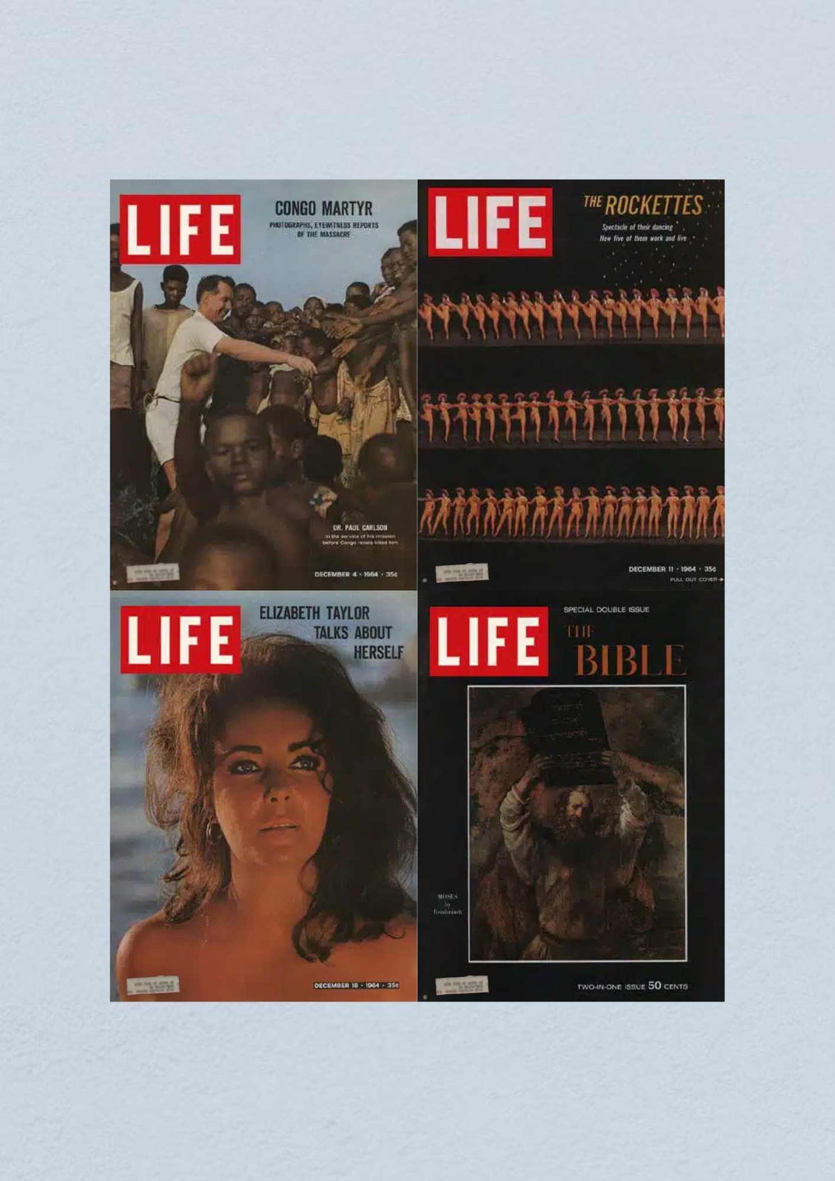 Life Magazine lot of 4 full issues from December 1964, featuring the Congo Martyr cover, Rockettes performance, Elizabeth Taylor, and special Bible edition, capturing pivotal moments in the Civil Rights Era.