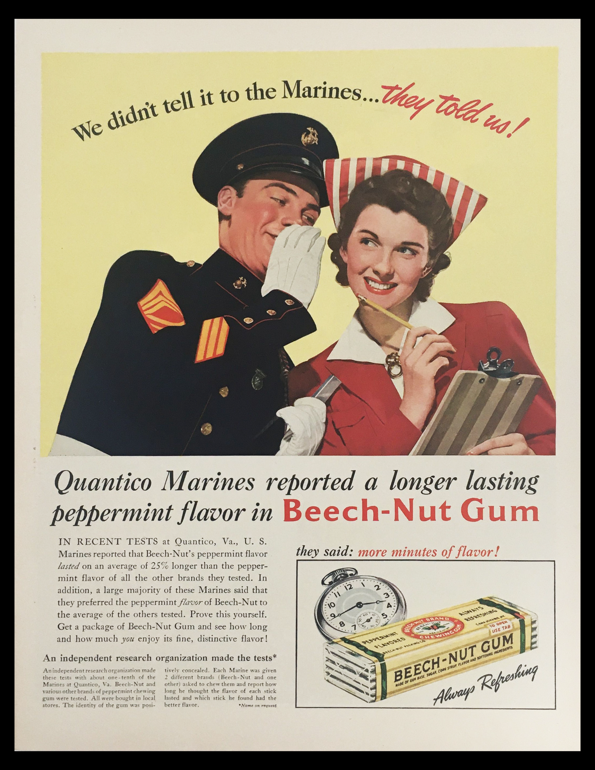 1941 Beech-Nut Brand Chewing Gum Peppermint Flavor Vintage Print Ad featuring a soldier and a woman promoting the gum's lasting flavor, encapsulating mid-20th century Americana.