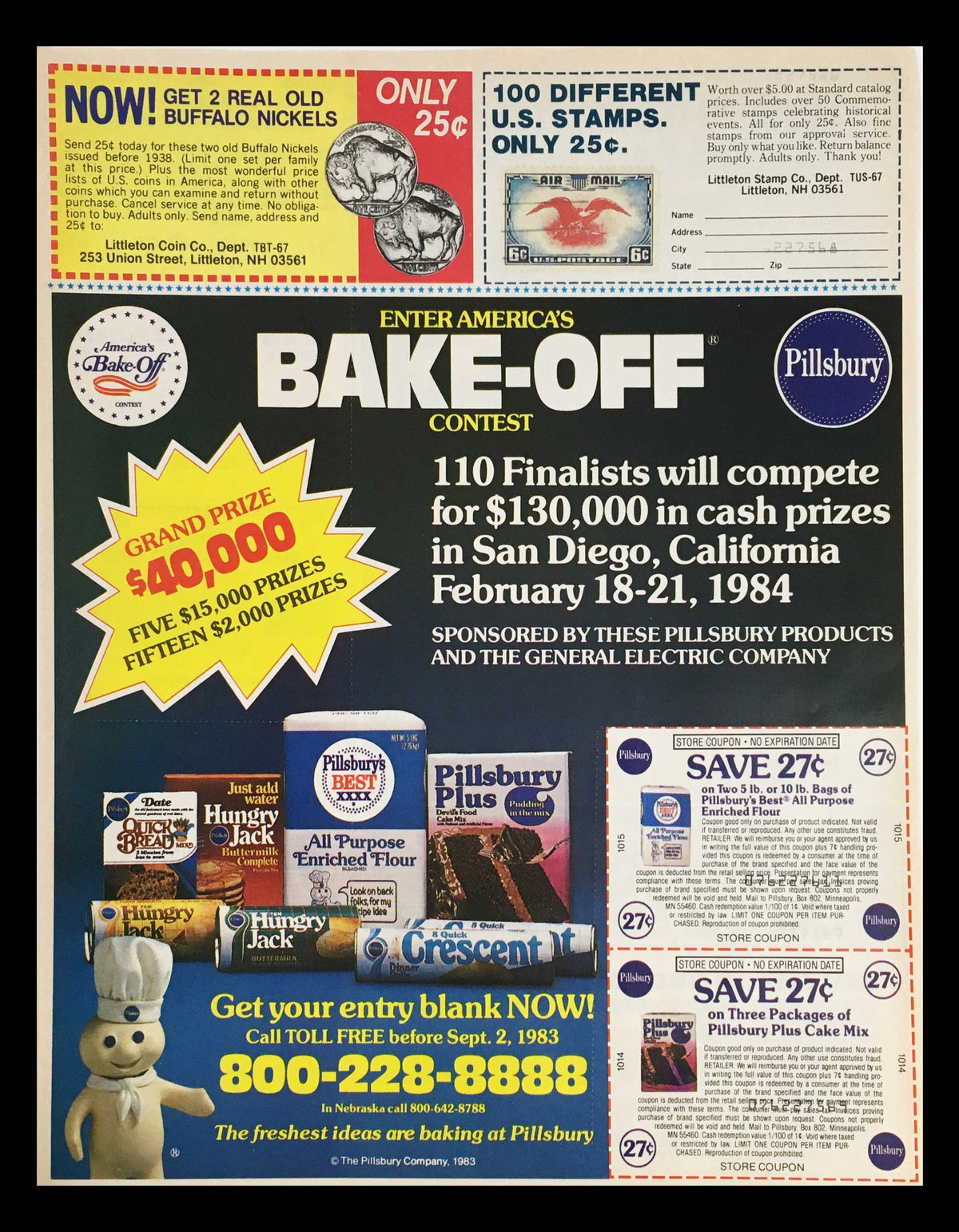 1983 Pillsbury Bake-Off Contest Advertisement promoting a $400 grand prize and various cash prizes with details about participating products and entry information.