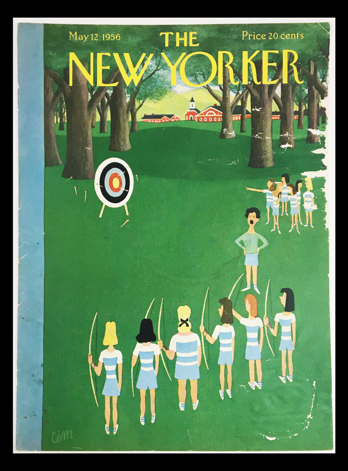 Vintage cover of The New Yorker, May 12, 1956 featuring a colorful illustration by Charles E. Martin depicting a target and archers in a park setting.