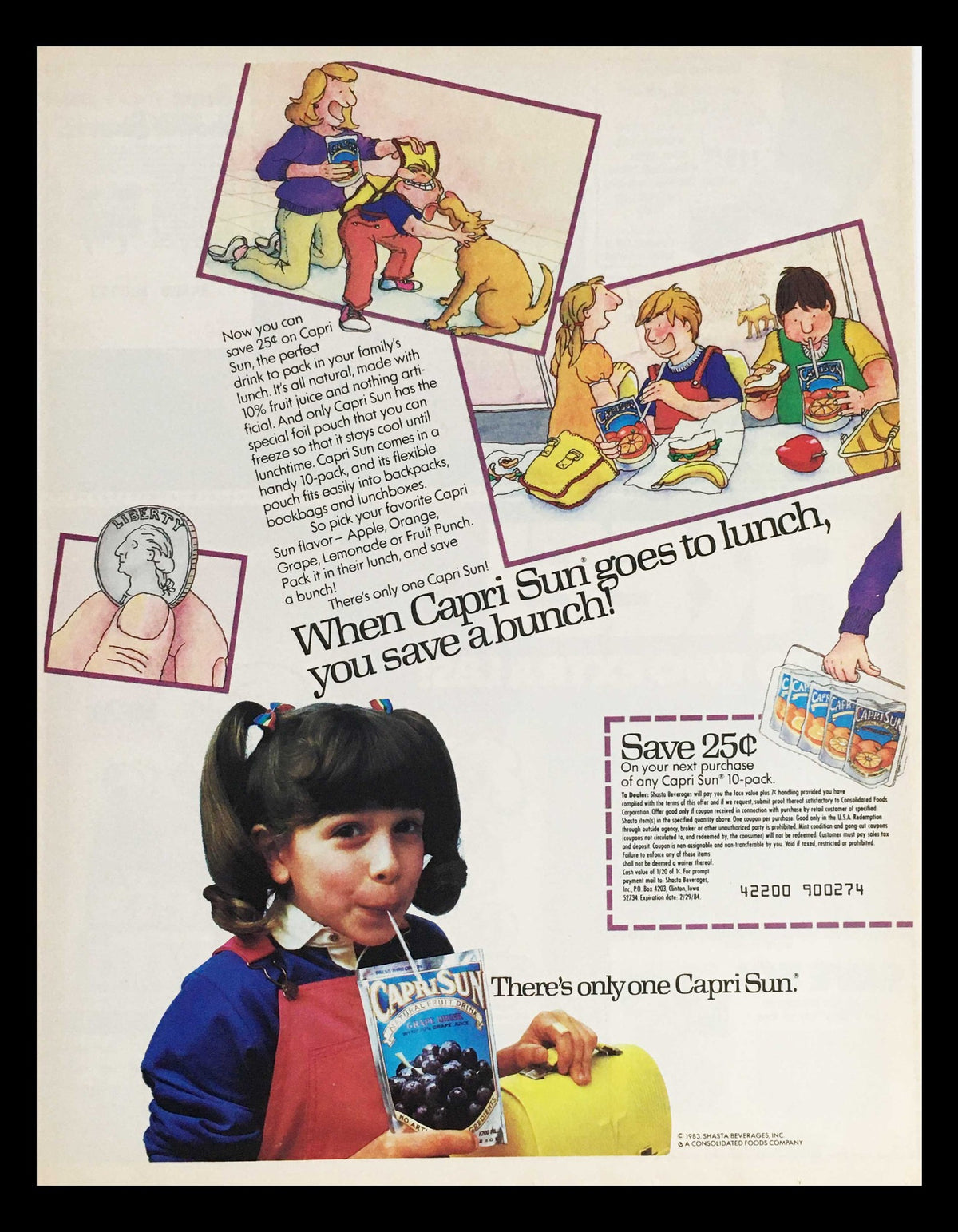 1984 Capri Sun Natural Fruit Drink Circular Coupon Advertisement featuring children enjoying Capri Sun drinks during lunch, showcasing a nostalgic promotion of Capri Sun with an emphasis on savings.