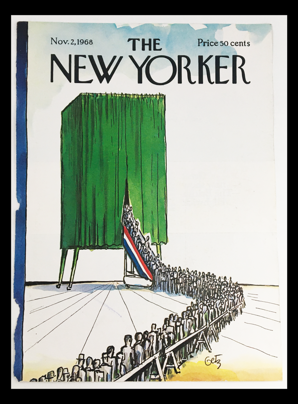 COVER ONLY The New Yorker November 2 1968 Full Cover Theme by Arthur Getz, depicting a crowd gathered around a green curtain, symbolizing an event or reveal.