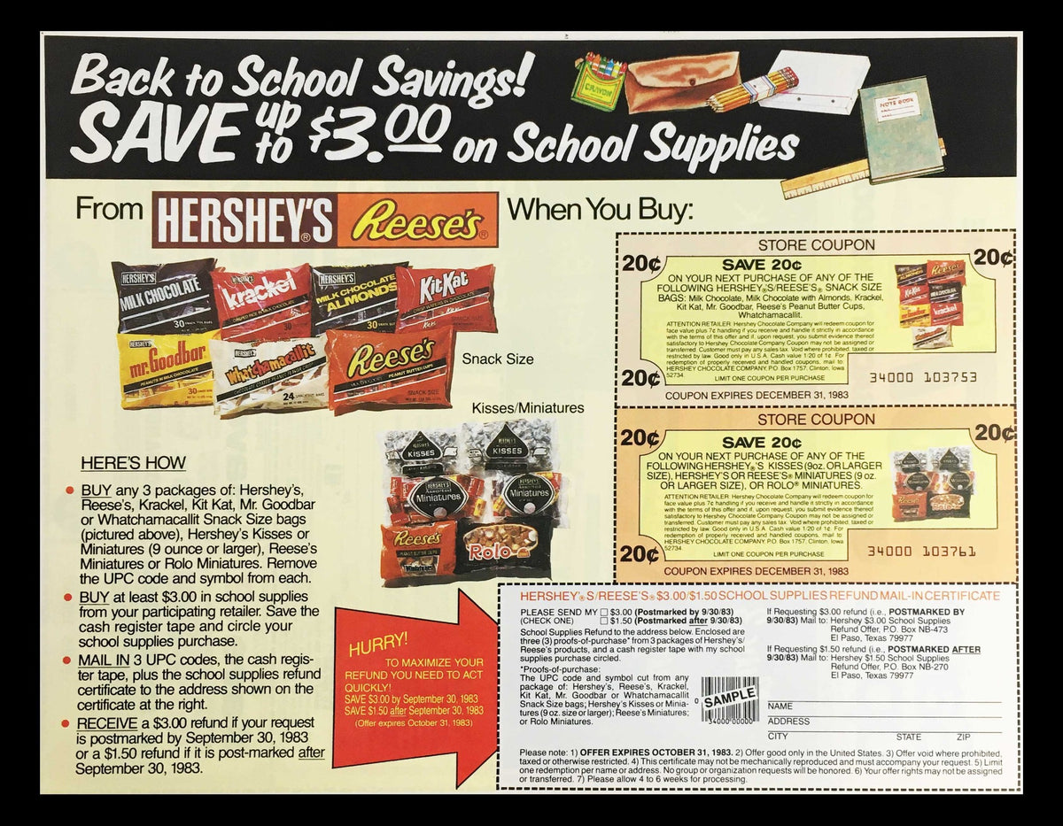 1983 Hershey's & Reese's Snack Size Chocolate Circular Coupon Advertisement featuring school supply savings, showcasing various chocolate products including Reese's and Kit Kat. The ad includes details on how to redeem the coupon for discounts, with conditions mentioned.