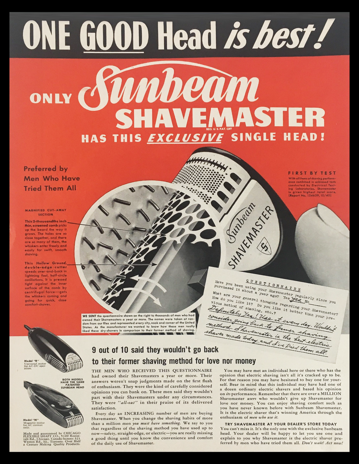 Vintage print ad for the 1941 Sunbeam Shavemaster Single-Head Universal Motor, showcasing innovative grooming technology and mid-20th-century design. Ideal for collectors and vintage enthusiasts.