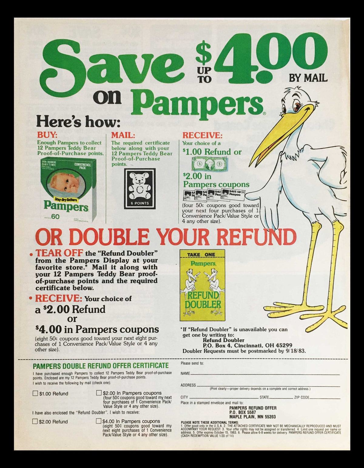 1983 Pampers Teddy Bear Baby Diaper Circular Coupon Advertisement featuring a coupon offer to save up to $4 on Pampers products. The image includes instructions for participating in the offer and a cartoon stork character, highlighting the nostalgic design of this collectible advertisement.