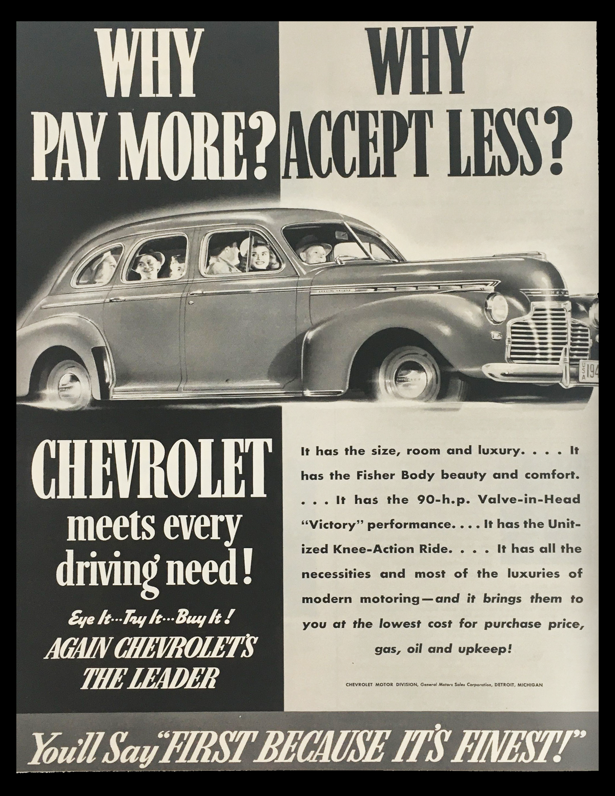 1941 Chevrolet Fisher-Body 90-H.P. Car Vintage Print Ad showcasing a classic Chevrolet sedan with vintage styling, highlighting its 90-horsepower performance and luxurious features, perfect for collectors and automotive enthusiasts.
