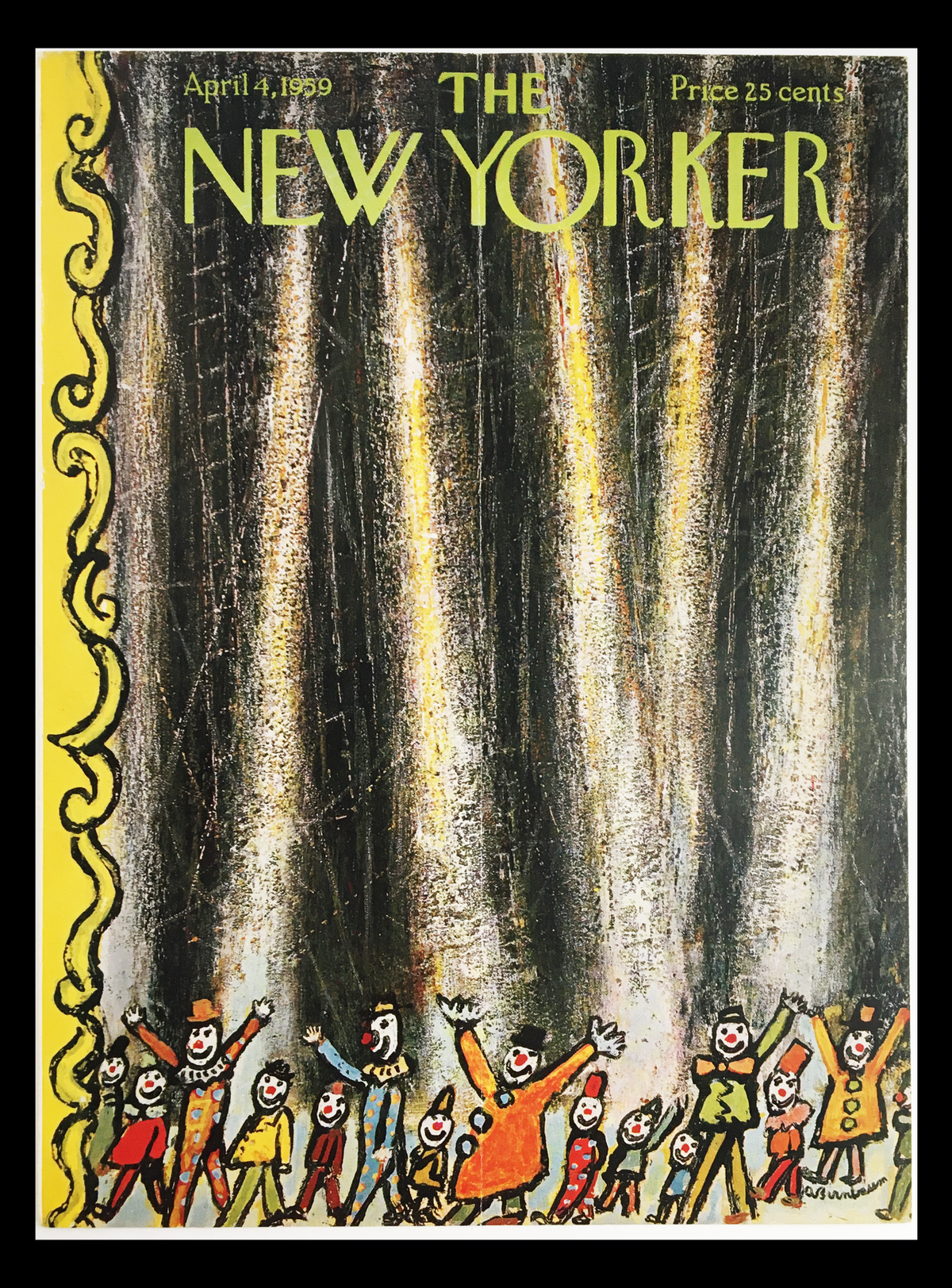 COVER ONLY The New Yorker April 4 1959 Full Cover Theme by Abe Birnbaum featuring colorful clowns and theatrical curtain design.