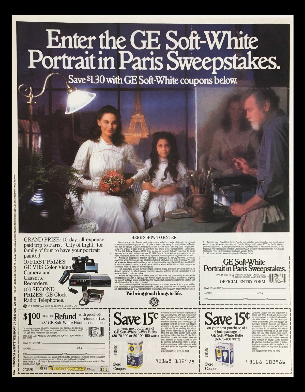 1983 GE Soft-White Portrait in Paris Sweepstakes advertisement offering savings coupons and promoting a contest for a trip to Paris.