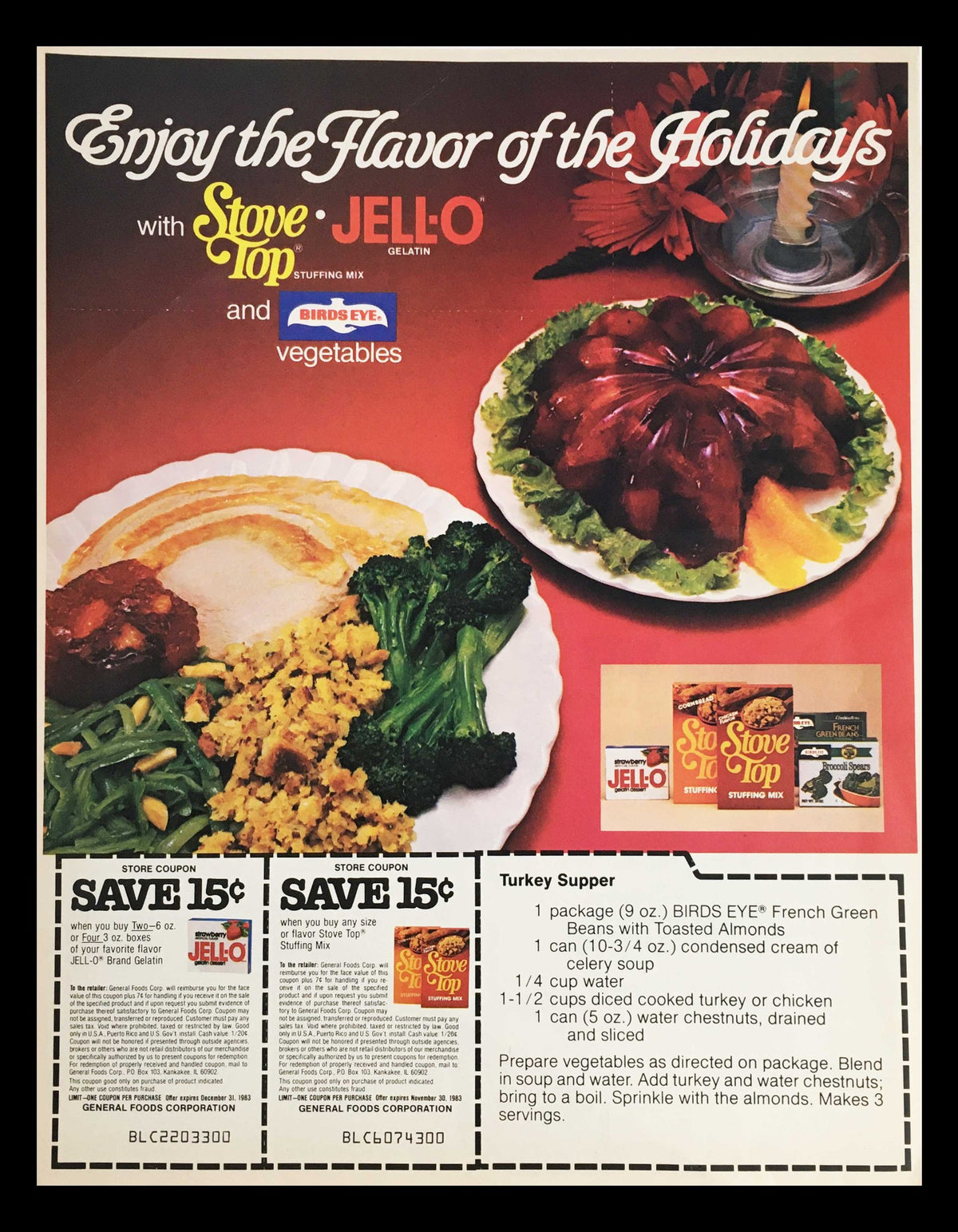 1983 Stove Top Stuffing Mix & Jell-O Gelatin Circular Coupon Advertisement showcasing a holiday dinner featuring Stove Top stuffing, Jell-O, and a variety of vegetables, with a coupon section highlighted. The advertisement highlights recipes and savings for a festive turkey supper.