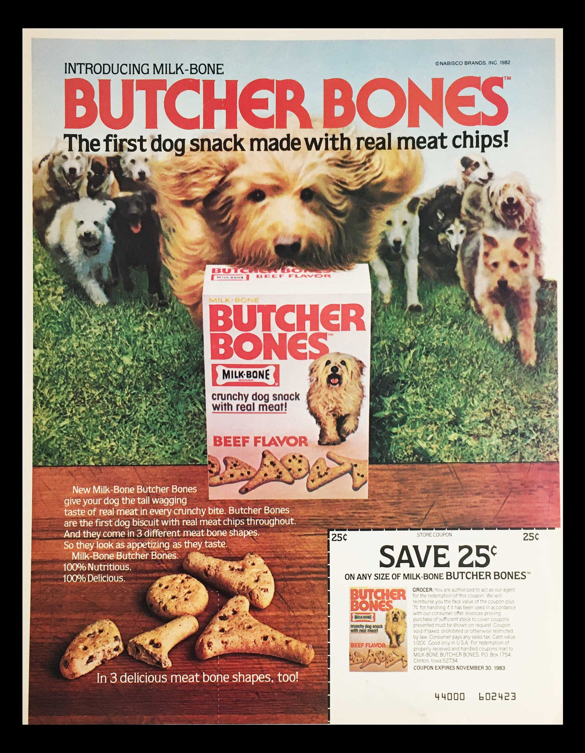 1983 Butcher Bones Milk Bone Dog Snack Circular Coupon Advertisement featuring a colorful layout with playful dogs and a product box showcasing Beef Flavor crunchy dog snacks. The advertisement includes a coupon offering savings on Milk-Bone Butcher Bones.