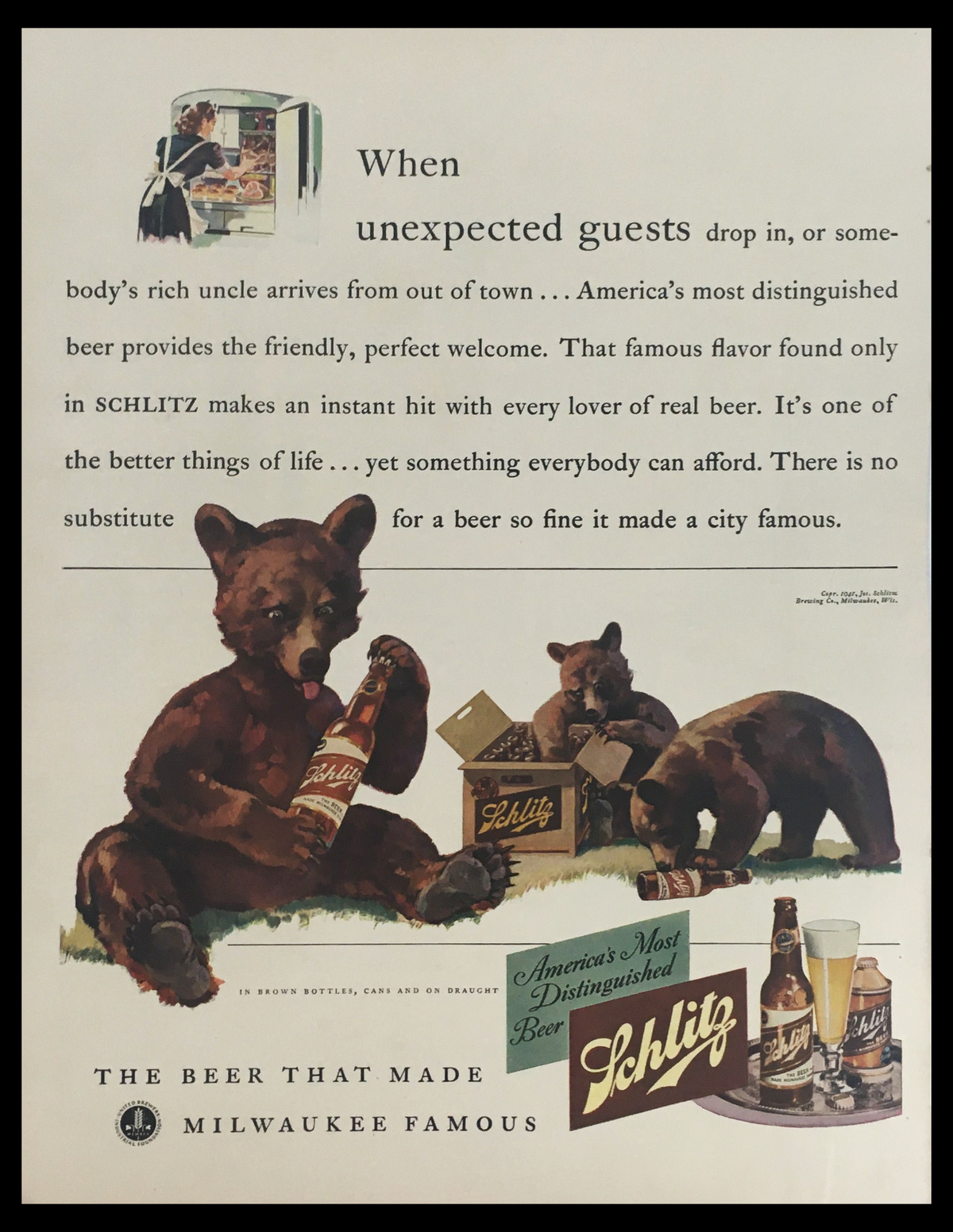 1941 Schlitz America's Most Distinguished Beer vintage print ad featuring playful bears enjoying Schlitz beer, illustrating the friendly spirit and nostalgia of Americana in brewing history.
