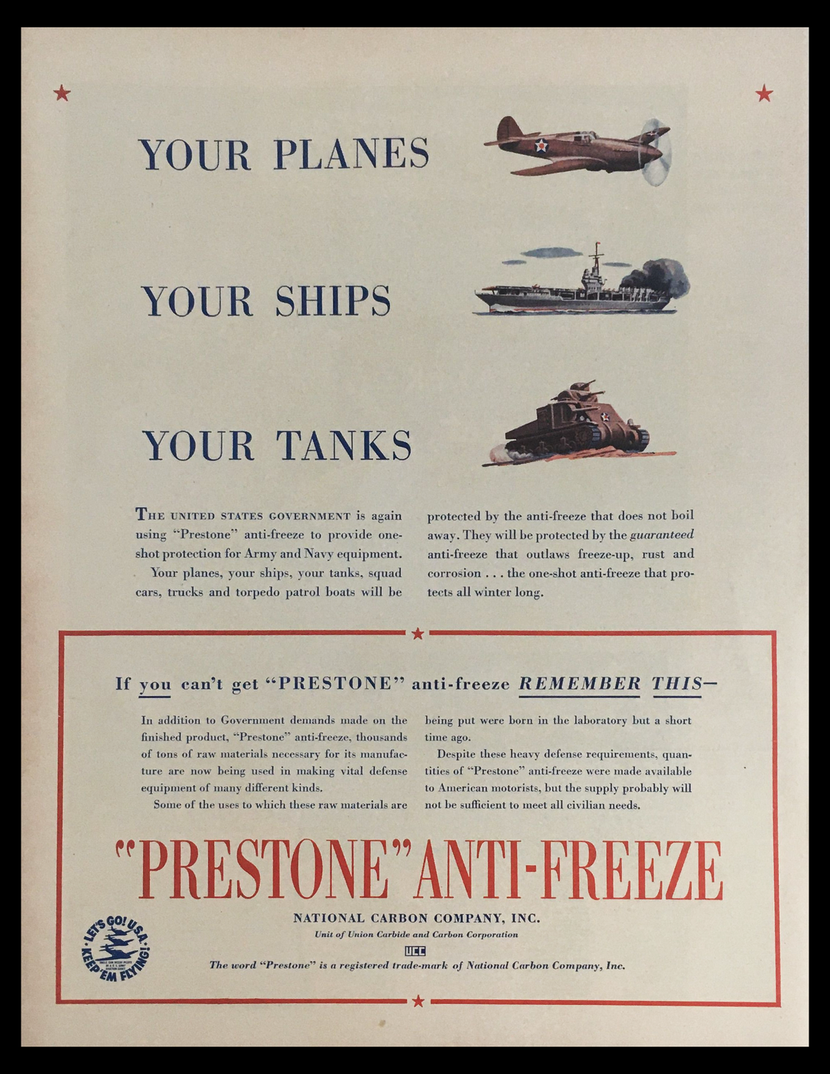 1941 Prestone Anti-Freeze National Carbon Company vintage print ad showcasing bold typography and imagery related to automotive innovation, featuring warplanes, ships, and tanks, emphasizing the importance of Prestone products in vehicle maintenance.