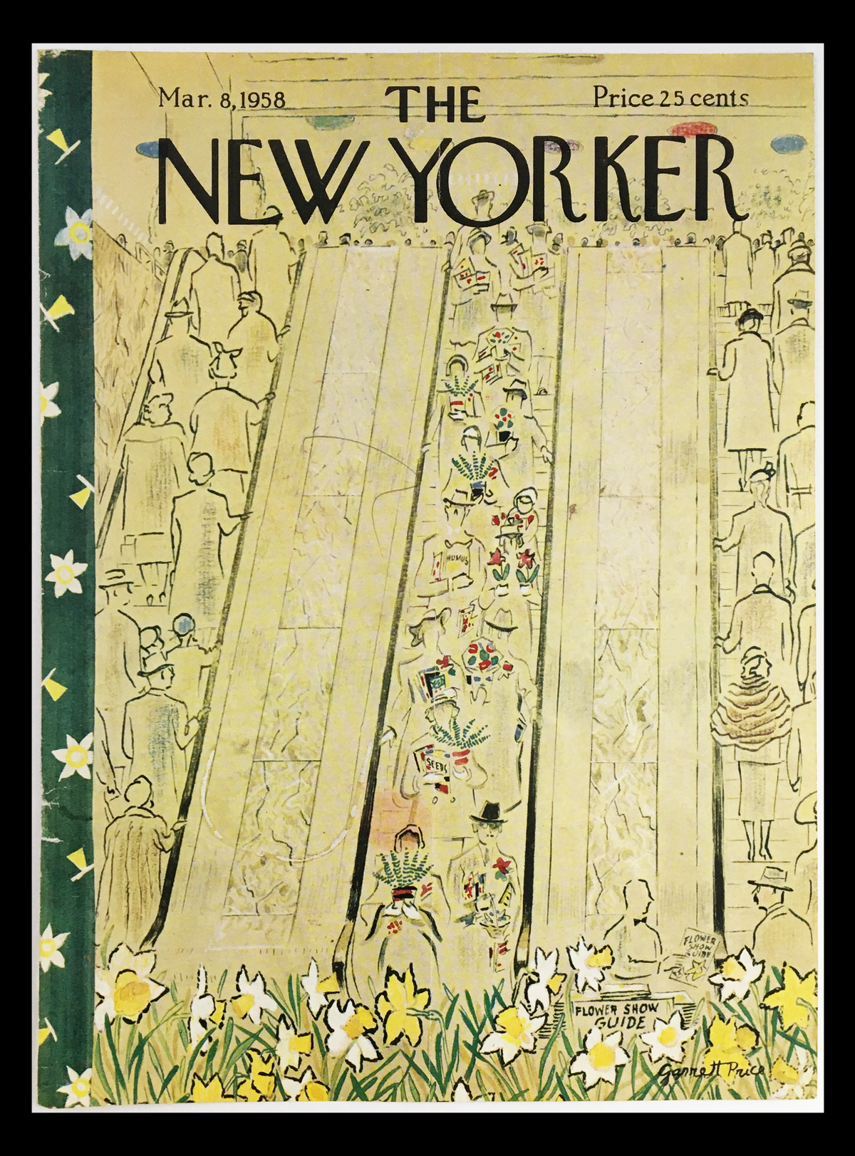 Cover of The New Yorker magazine from March 8, 1958, featuring a vibrant illustration by Garrett Price. The image showcases a busy flower show with people in hats and spring attire walking along flower-lined paths. This vintage magazine cover represents the artistic style and cultural essence of the late 1950s.