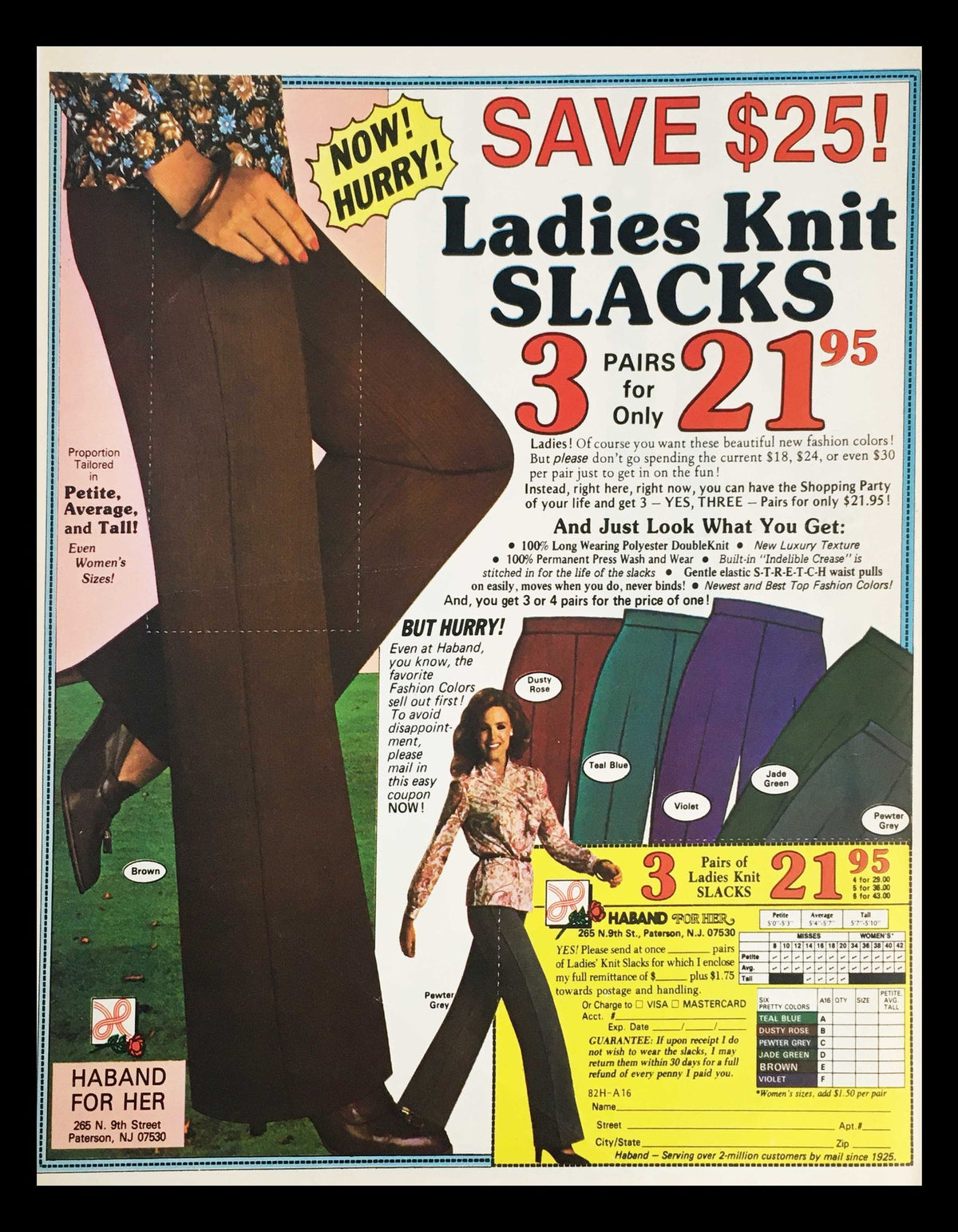 1983 Ladies Knit Slacks Advertisement showcasing three pairs of slacks for $21.95 with a model wearing the slacks, emphasizing a special sale with a time-sensitive offer.