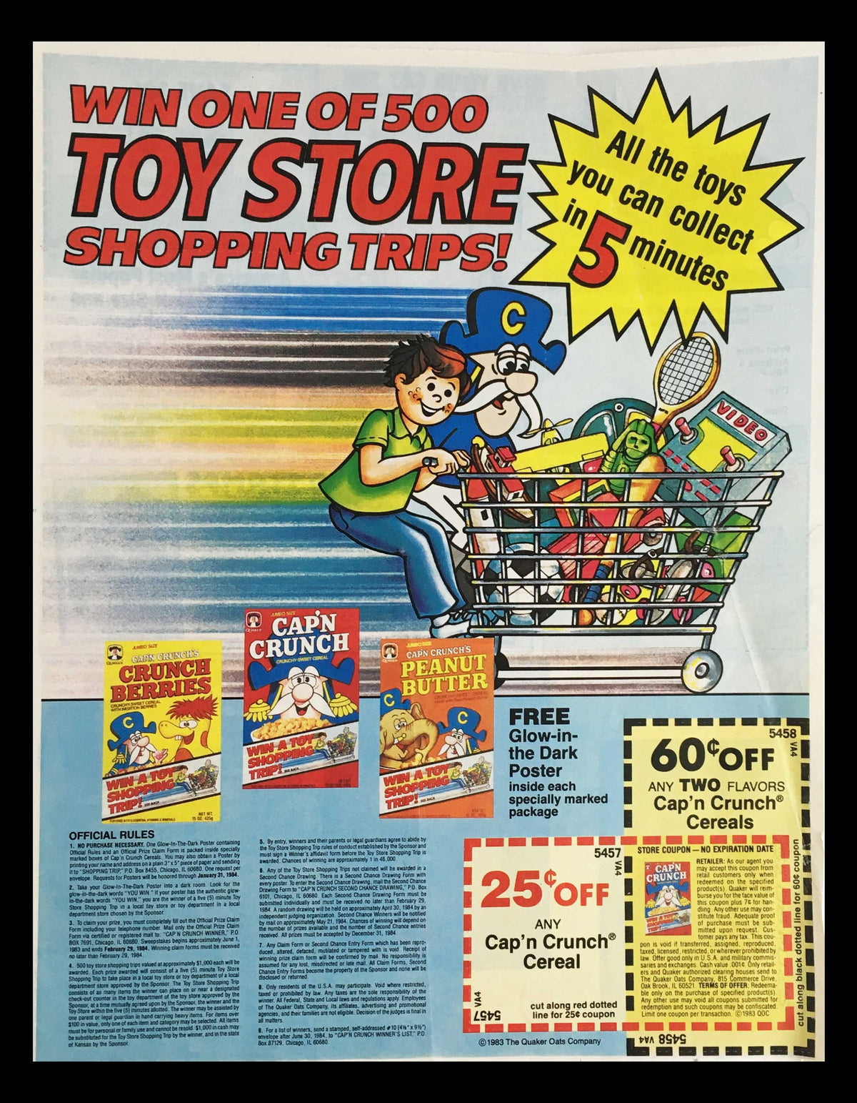 1983 Quaker Oats Cap'N Crunch Cereal Circular Coupon Advertisement featuring a cartoon character shopping with a cart. The advertisement promotes a toy store shopping contest and includes a colorful layout with various Cap'N Crunch cereal products, coupon details, and a playful design.