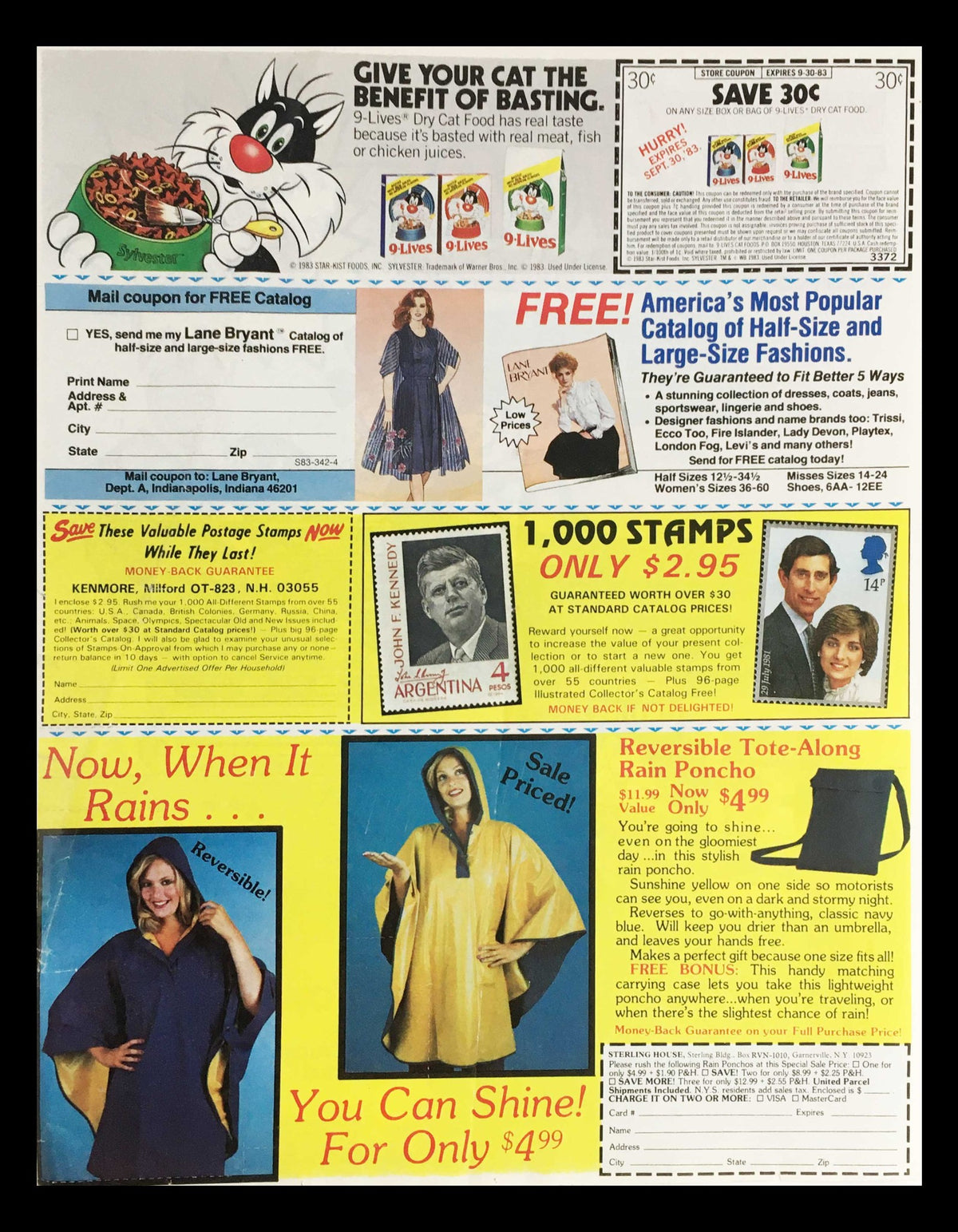 1983 Quaker Oats Cap'N Crunch Cereal Circular Coupon Advertisement featuring promotional catalog items, including fashion and various products with a colorful layout.