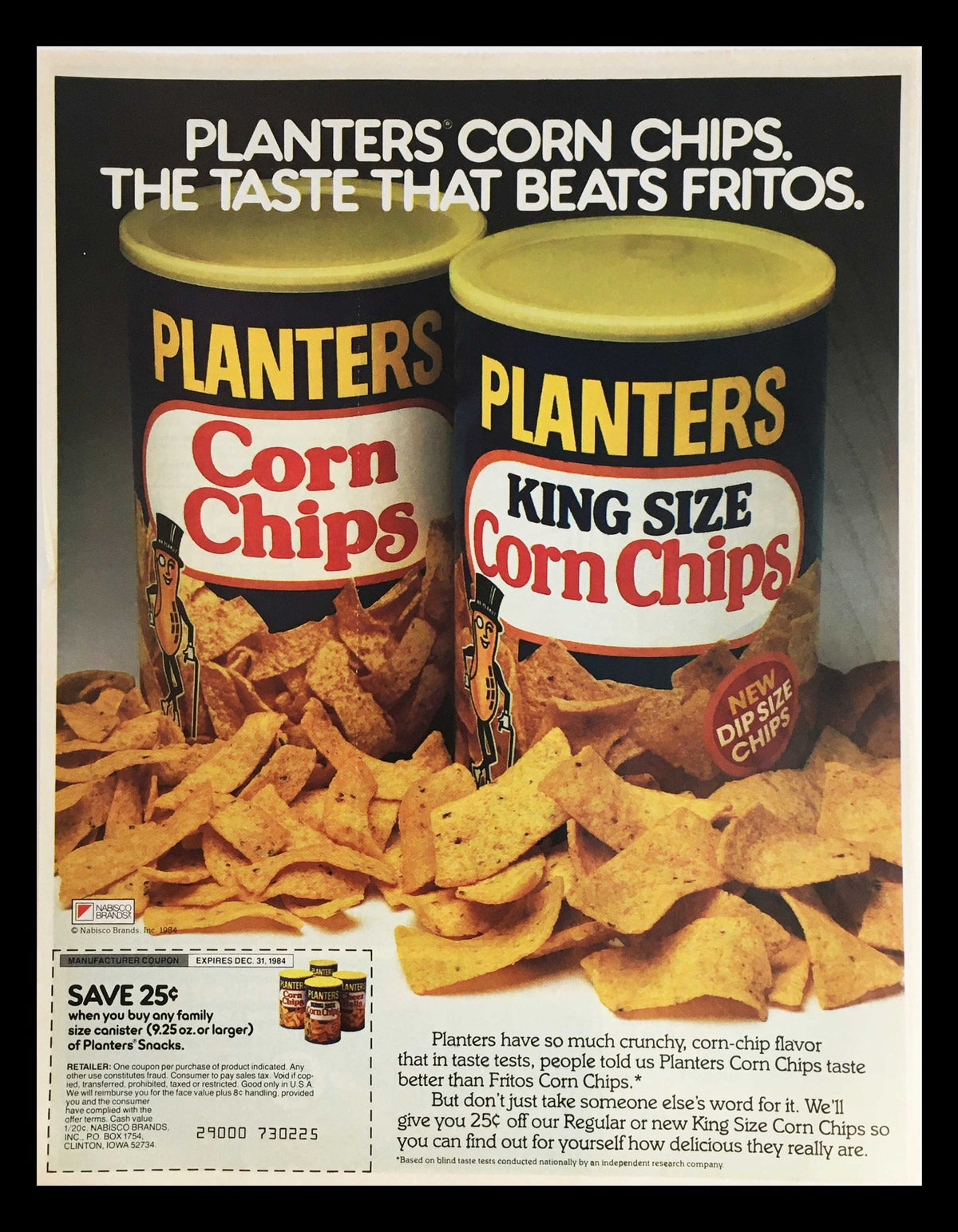 1984 Planters King Size Corn Chips Circular Coupon Advertisement featuring Planters Corn Chips cans and chips, promoting their unique crunch and flavor.