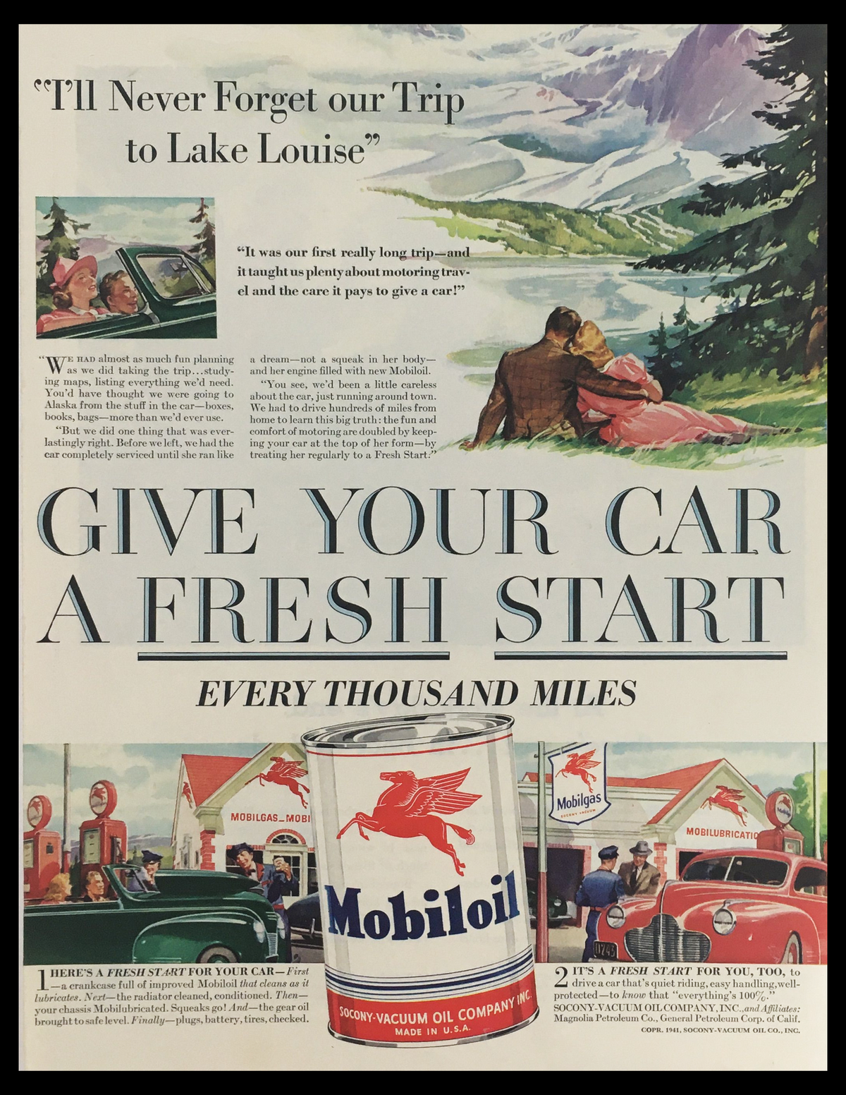 1941 Mobiloil Socony-Vacuum Oil Company Inc. Vintage Print Ad featuring a scenic depiction of a couple enjoying a road trip, emphasizing vehicle maintenance with the tagline 'Give Your Car a Fresh Start Every Thousand Miles.' The ad captures the essence of vintage automotive advertising from the World War II era.