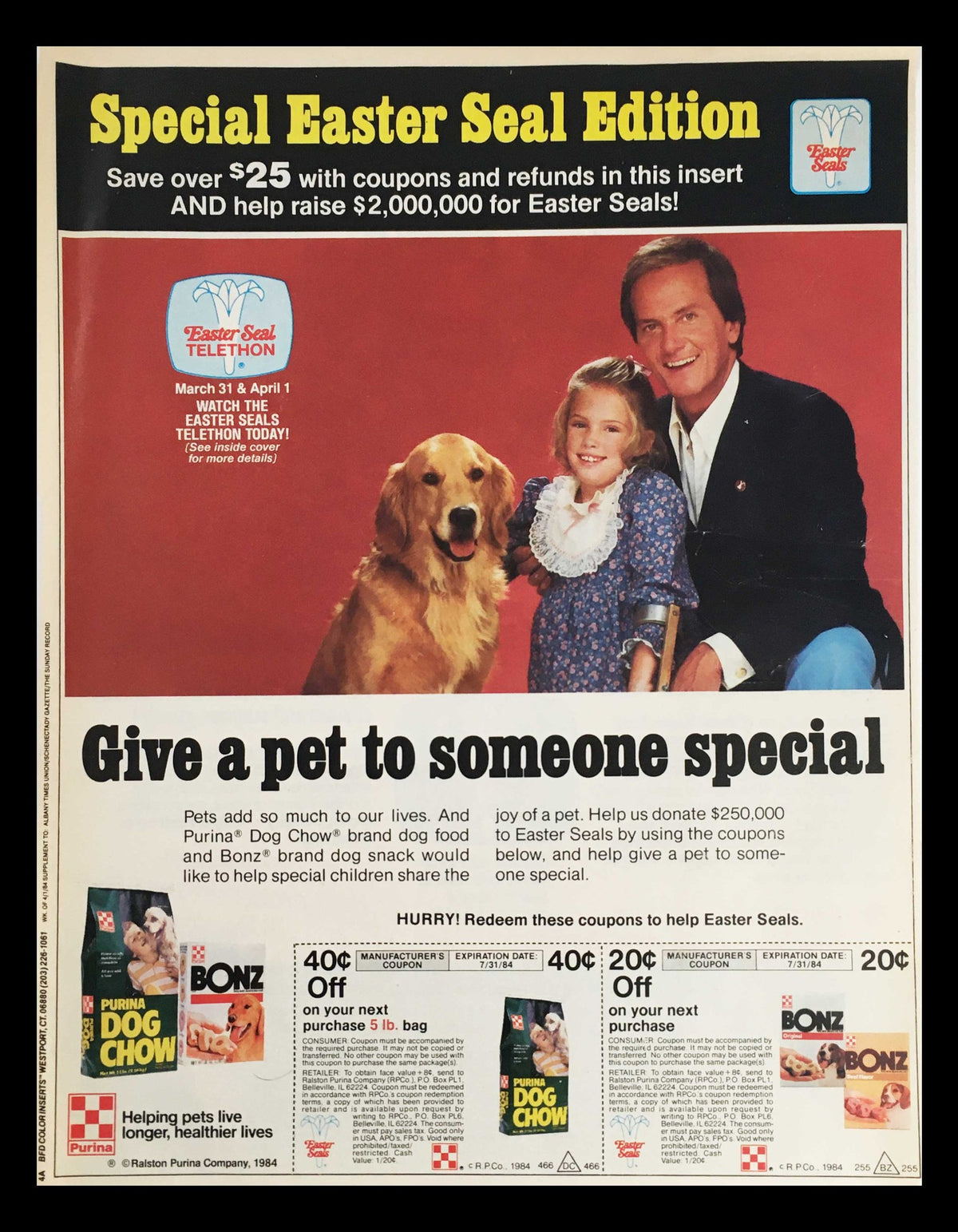 1984 Purina Dog Chow Easter Seal Edition Circular Coupon Advertisement featuring a girl, a man, and a dog. The ad promotes saving over $25 with coupons for Easter Seals.