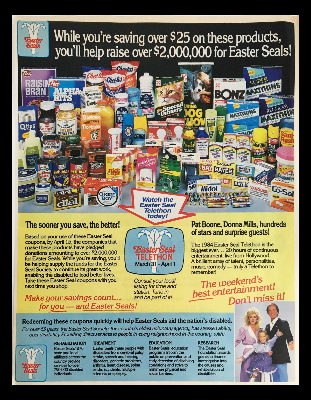 1984 Purina Dog Chow Easter Seal Edition Circular Coupon Advertisement showcasing various products and mentioning the Easter Seal Telethon. Encourages saving over $25 with coupons to support Easter Seals.