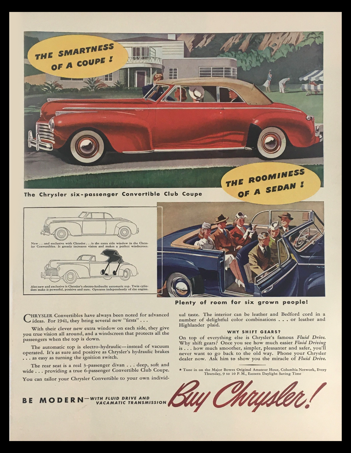 1941 Chrysler Convertible Club Coupe Vintage Print Ad showcasing a classic six-passenger convertible car with vibrant colors, vintage illustrations, and typography. Highlights the features of smart design and spacious interior, reflective of 1940s automotive innovation.