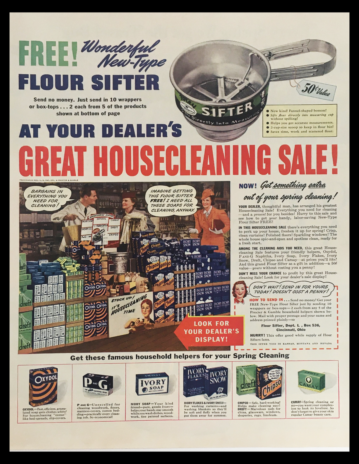 1941 Foley Funnel-Shaped Bottom Flour Sifter Vintage Print Ad showcasing a colorful array of household products and a promotional sale, reflecting vintage kitchenware and advertising aesthetics.