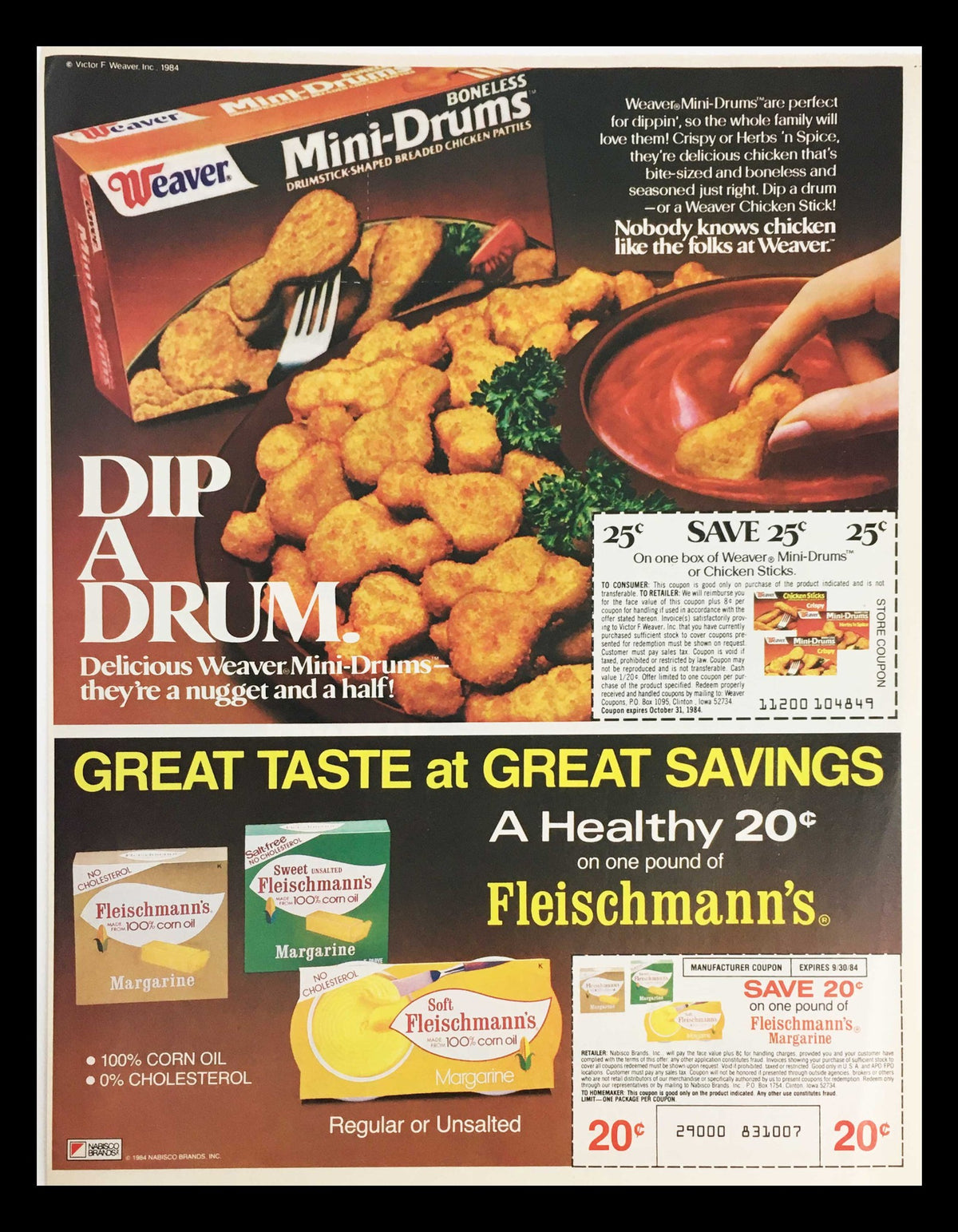 1984 advertisement for Weaver Mini-Drums and Fleischmann's Margarine showcasing crispy chicken nuggets and margarine. Highlights savings of 25 cents on Weaver Mini-Drums and 20 cents on Fleischmann's Margarine.