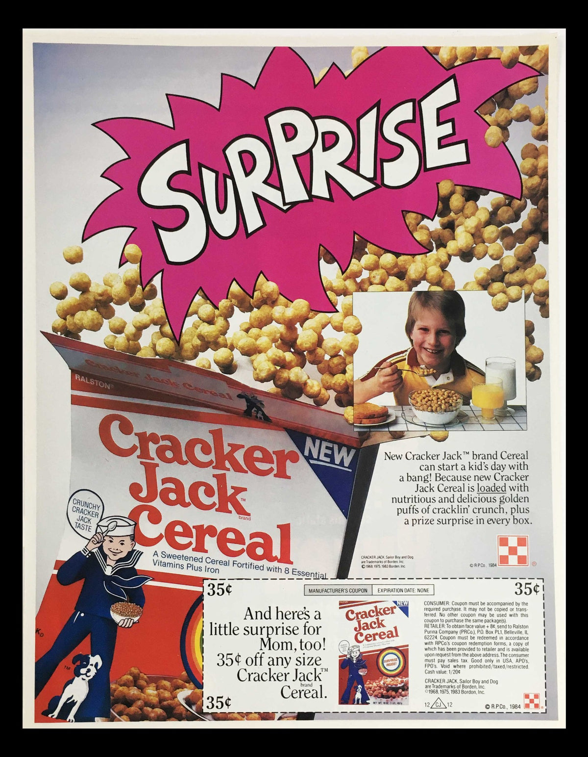 1984 Cracker Jack Sailor Boy and Dog Cereal Circular Coupon Advertisement