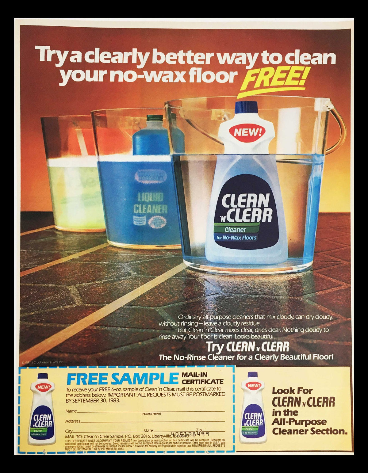 1983 Clean N' Clear for No-Wax Floors Circular Coupon Advertisement showcasing a bottle of Clean N' Clear liquid cleaner, emphasizing its effectiveness in cleaning no-wax floors with a promotional offer.
