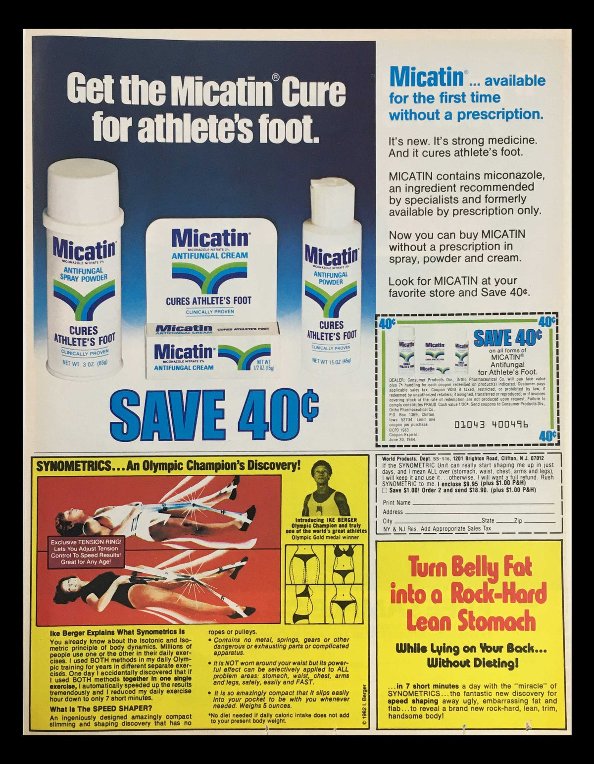 1983 Clean N' Clear for No-Wax Floors Circular Coupon Advertisement featuring Micatin antifungal cream and a promotional offer, highlighting its benefits for treating athlete's foot.
