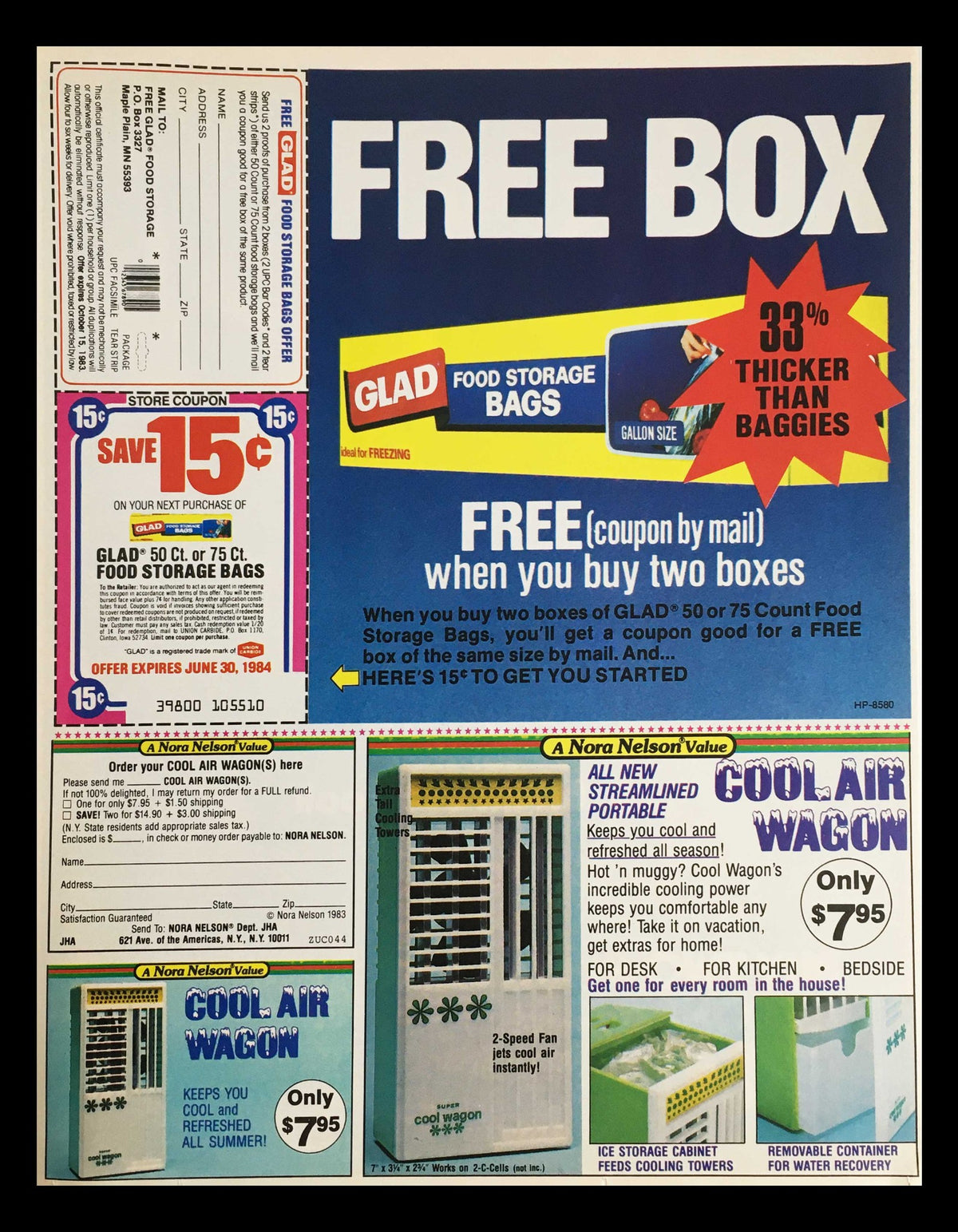 Free box coupon advertisement for Glad Food Storage Bags, promoting a free item when buying two boxes, with details on expiry and savings highlighted.
