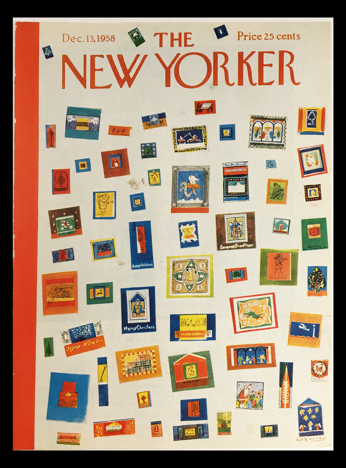 Cover of The New Yorker December 13 1958 featuring vibrant illustrations by Anatol Kovarsky, displaying an array of colorful framed artworks and festive themes.