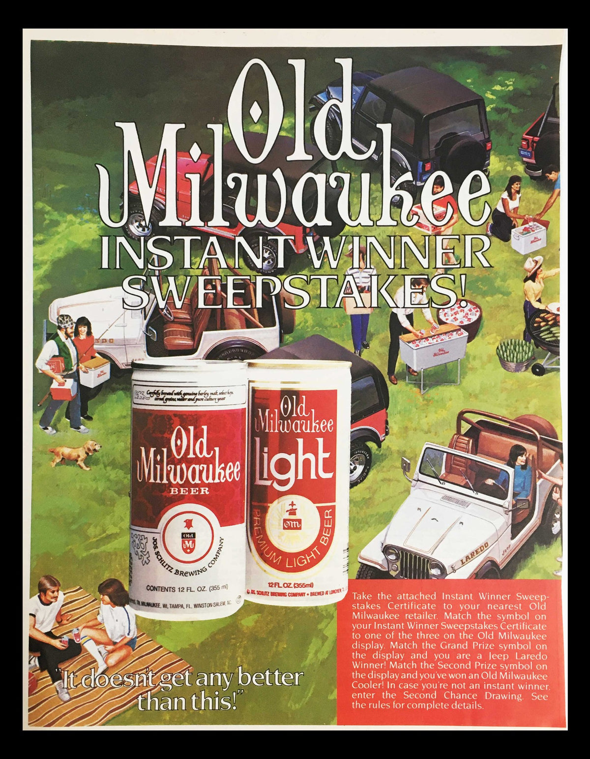 1983 Nabisco Mister Salty & Coca-Cola Coke Circular Coupon Advertisement featuring Old Milwaukee beer and Light beer in a vibrant sweepstakes theme, with a classic car and picnic setting in the background.