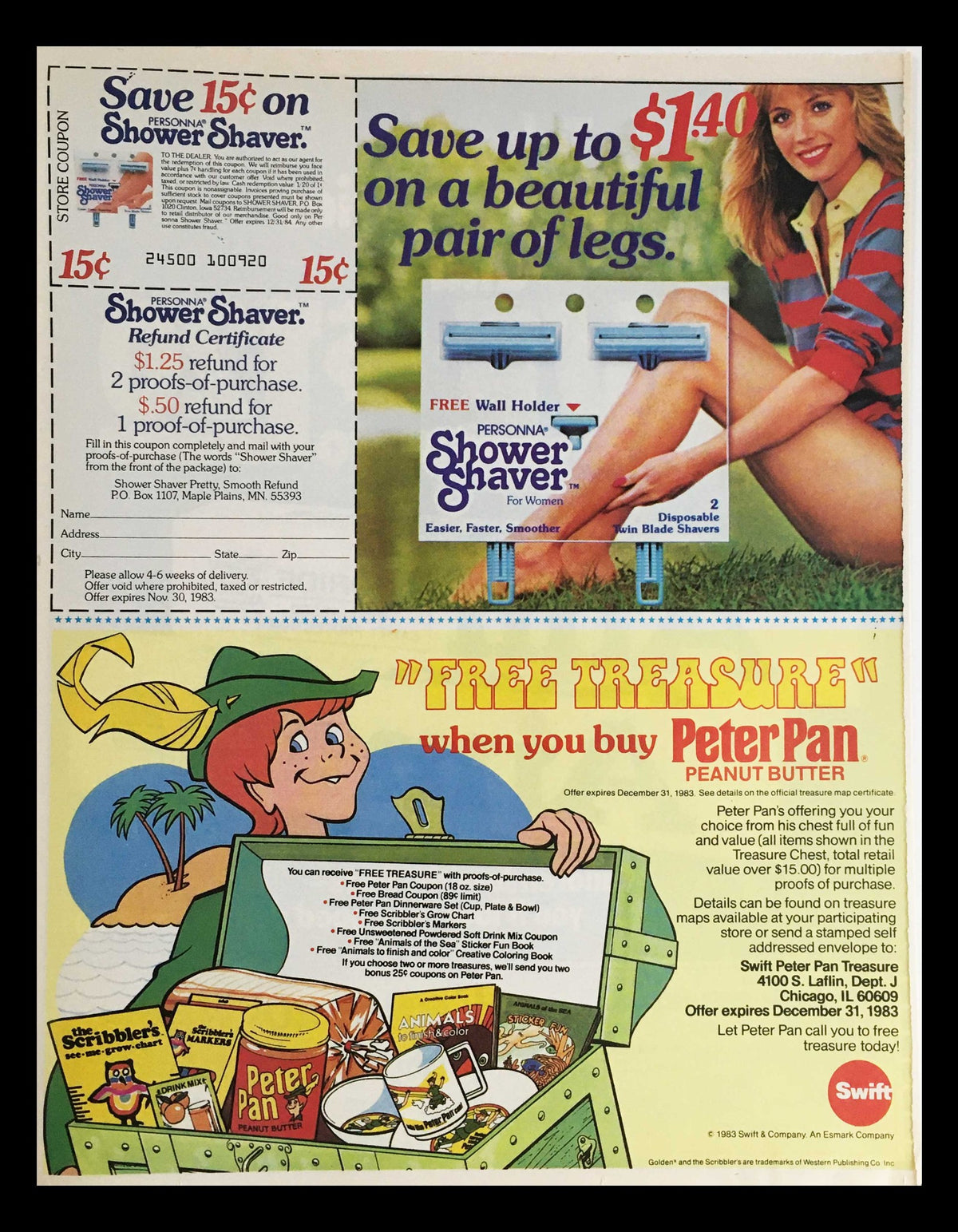 1983 Peter Pan Creamy Peanut Butter Circular Coupon Advertisement featuring a vibrant ad with cartoon character and promotional offers, including an expired coupon and details on a free treasure with purchase.