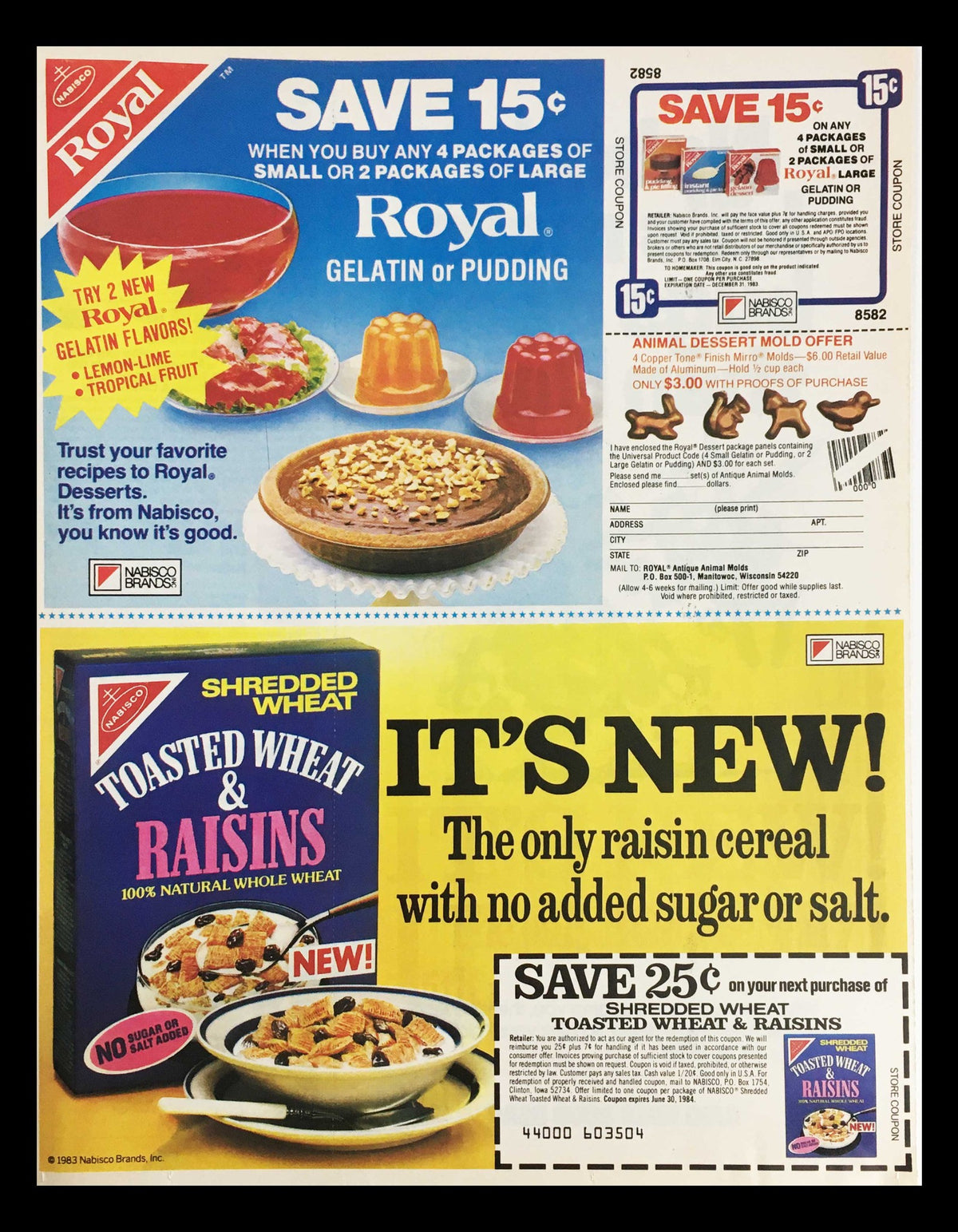 1983 advertisement for Royal Gelatin and Pudding with savings offers on various Royal products. Showcases vibrant visuals of desserts and promotional coupons, representing nostalgic marketing from the early 1980s.