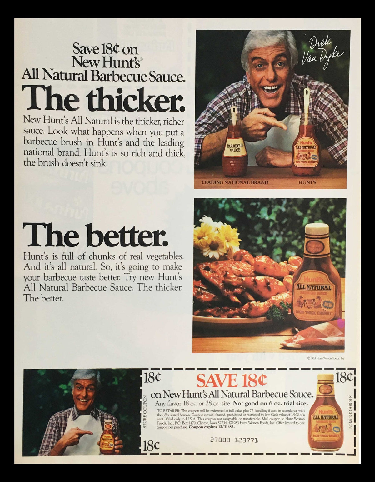 1983 Hunts All Natural Barbecue Sauce Circular Coupon Advertisement featuring an informative layout with a vintage advertisement showcasing the product with a charismatic spokesperson, highlighting the benefits of Hunt's thick barbecue sauce alongside a coupon for savings.