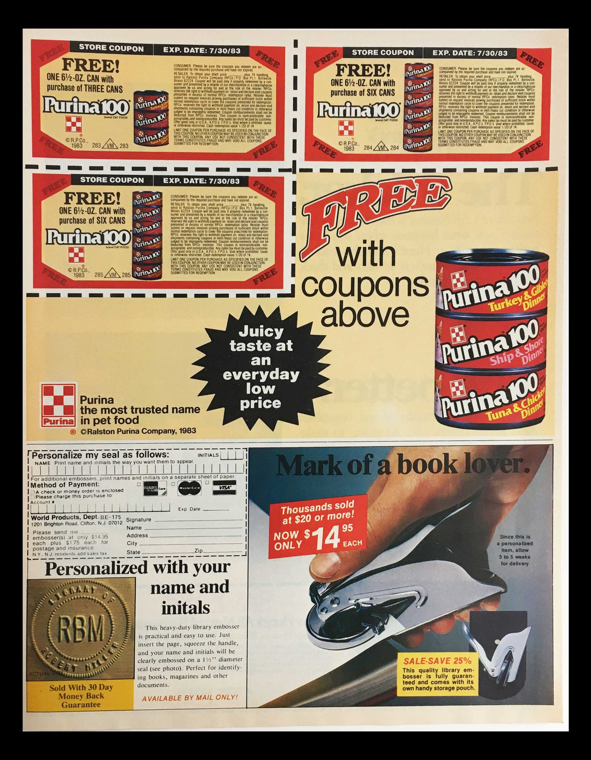 1983 coupon advertisement featuring Purina 100 products alongside an offer for free cans, showcasing vibrant colors and containing promotional elements that hint at low pricing and promotion excitement.