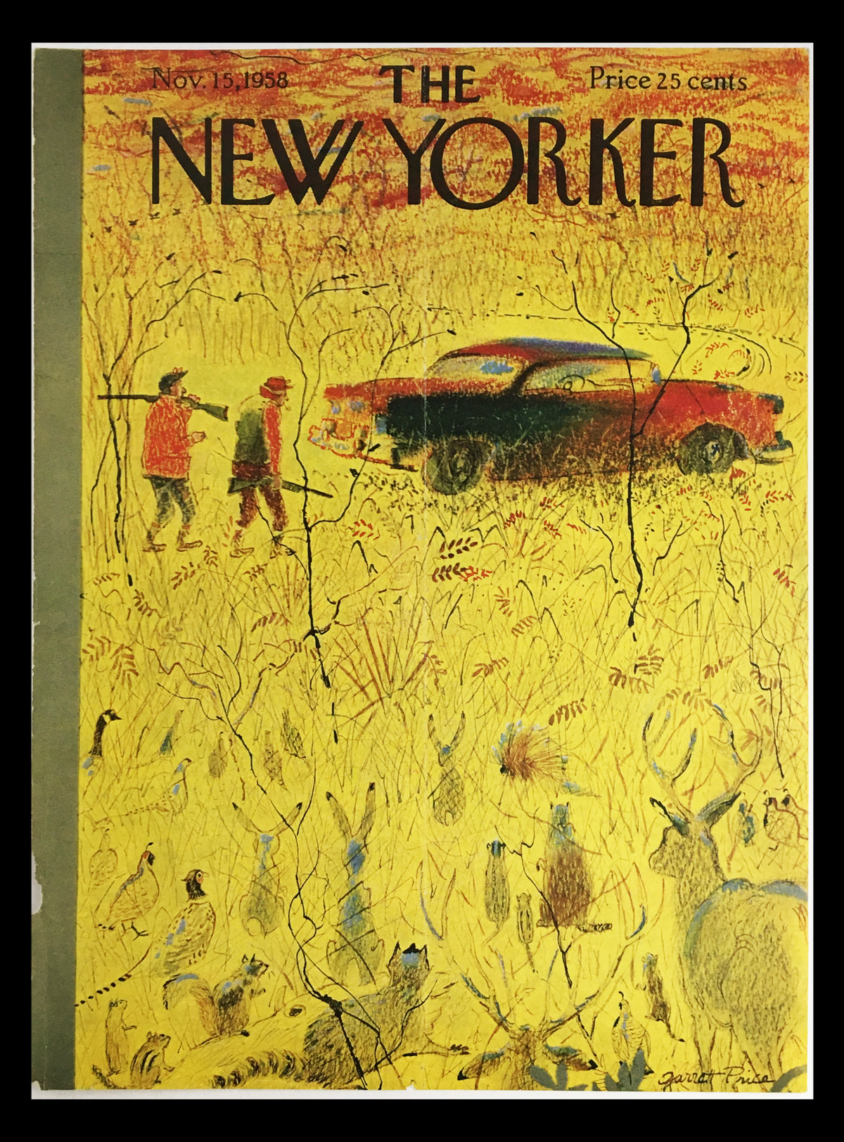 COVER ONLY The New Yorker November 15 1958 Full Cover Theme by Garrett Price featuring an illustration of hunters and a vintage car surrounded by nature.