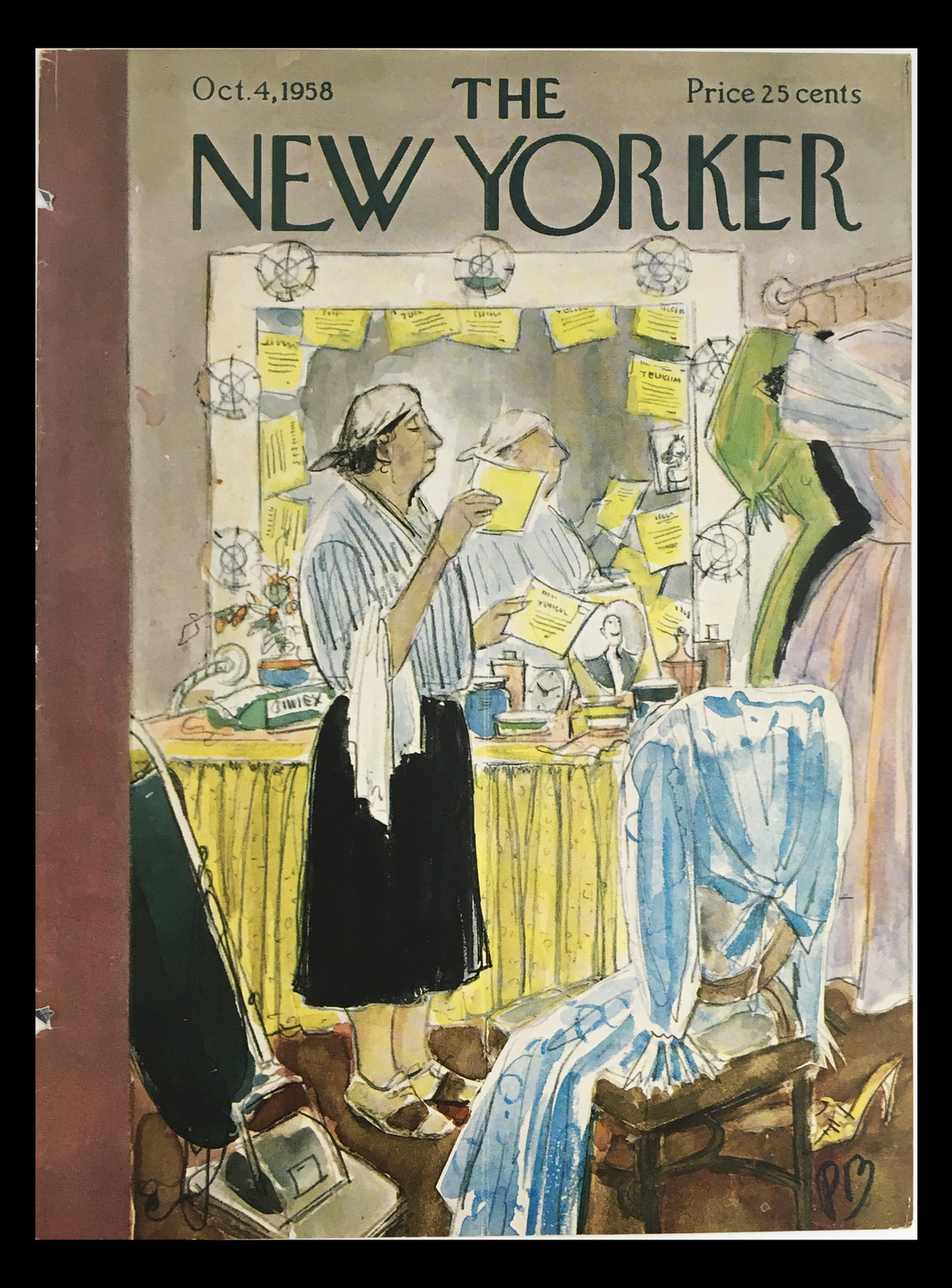 Cover of The New Yorker dated October 4, 1958, featuring a woman reviewing notes in front of a mirror surrounded by colorful sketches and articles, illustrated by Perry Barlow.