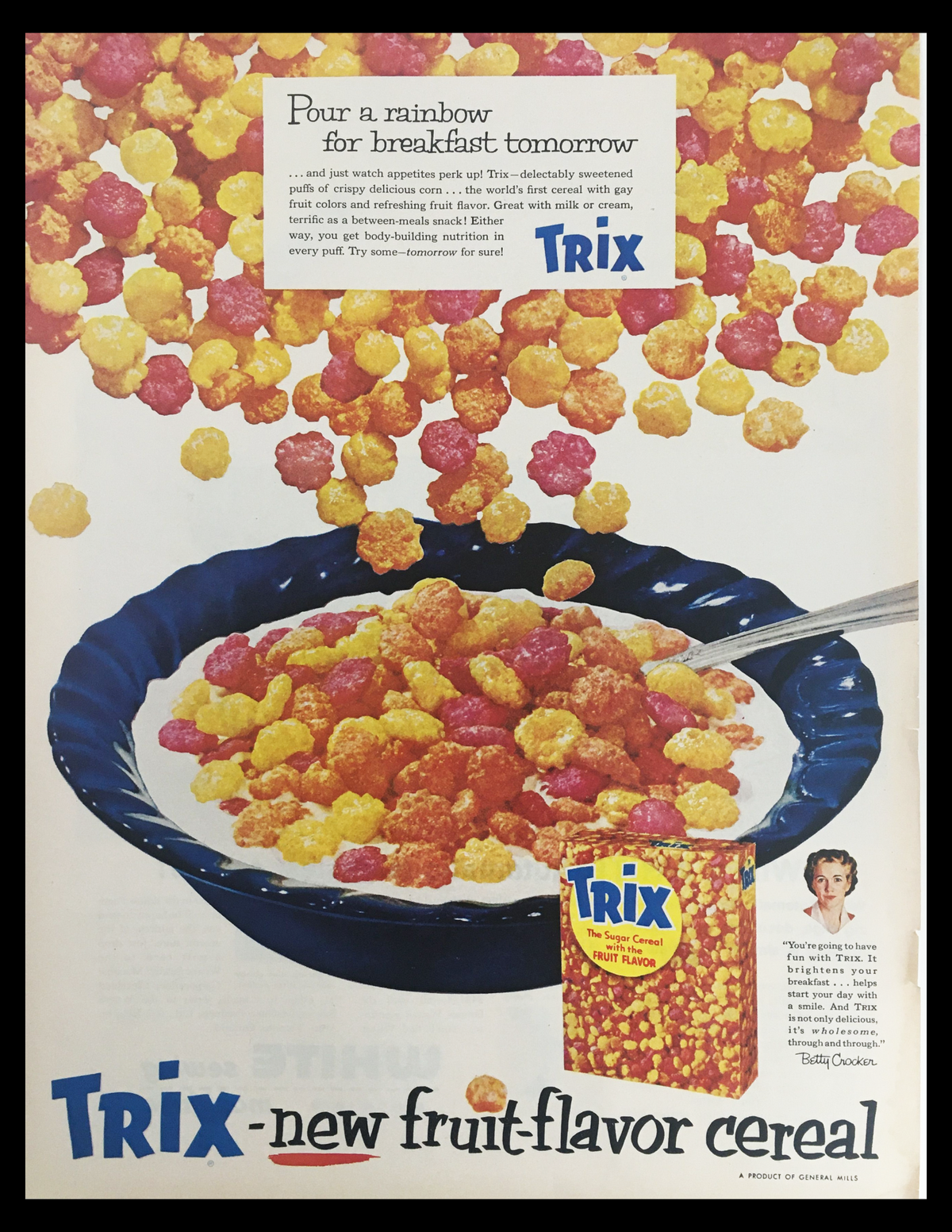 1956 Trix The Sugar Cereal Fruit Flavor Vintage Print Ad showcasing a colorful bowl of Trix cereal with vibrant pink, yellow, and orange puffs, accompanied by a cereal box and a vintage illustration of a woman, highlighting the playful branding and marketing of the mid-20th century.