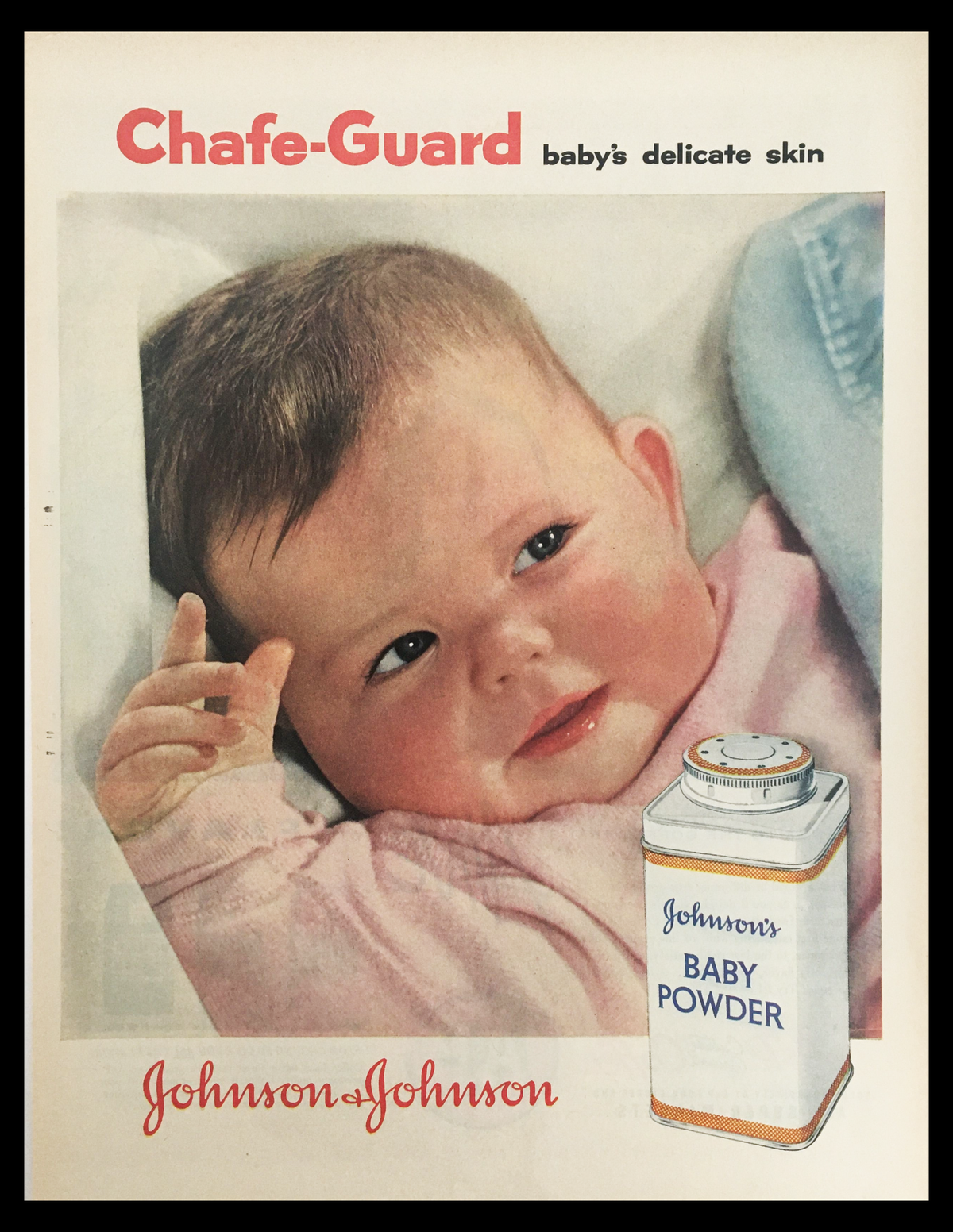 1956 Johnson & Johnson Chafe-Guard Baby Powder Vintage Print Ad featuring a smiling baby and the product canister, showcasing mid-century baby care aesthetics.