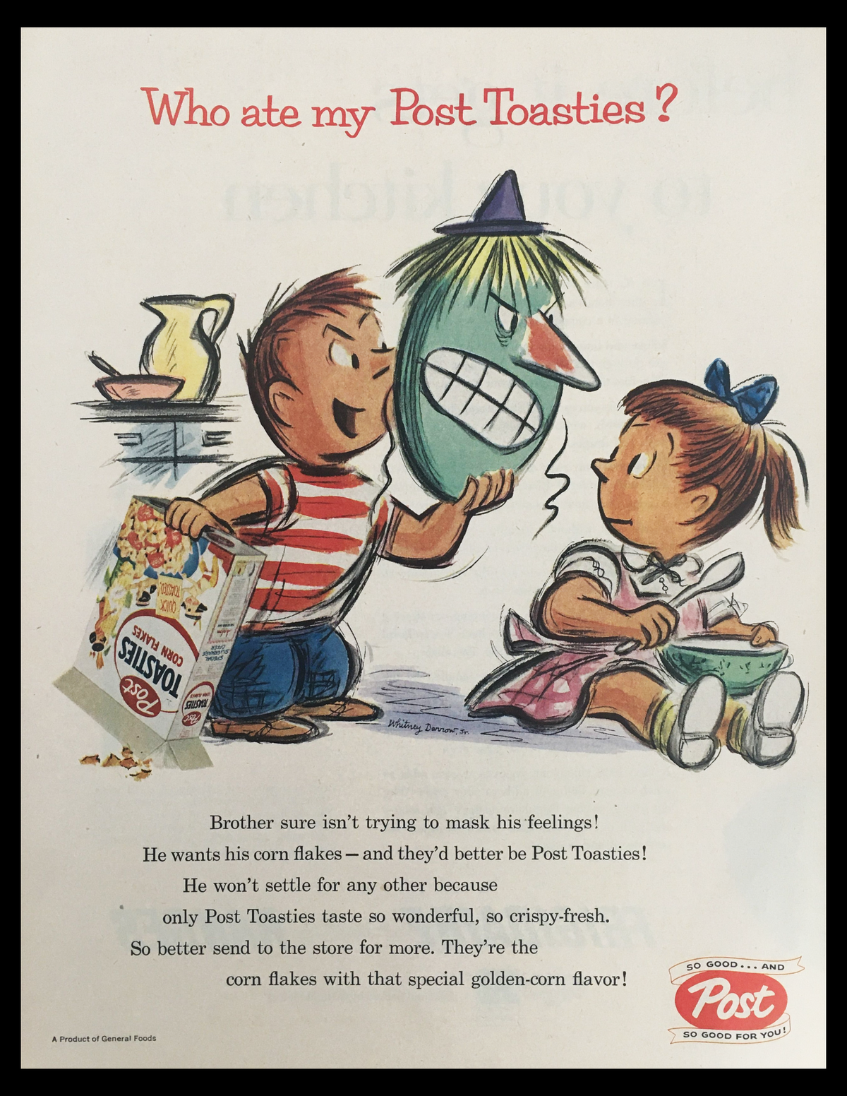 Vintage print ad for 1956 Post Toasties Golden-Corn Flakes, featuring a humorous illustration of a boy expressing frustration over a missing cereal box, emphasizing the fun and charm of mid-century American breakfast culture.