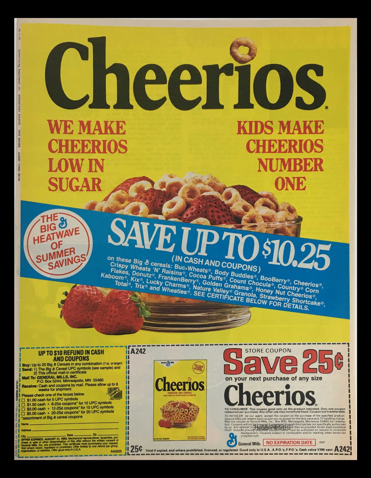 1982 General Mills Cheerios Toasted Oat Cereal Circular Coupon Advertisement featuring Cheerios cereal with promotional savings. The ad highlights a savings offer up to $10.25 in cash and coupons, emphasizing Cheerios' low sugar content and popularity.