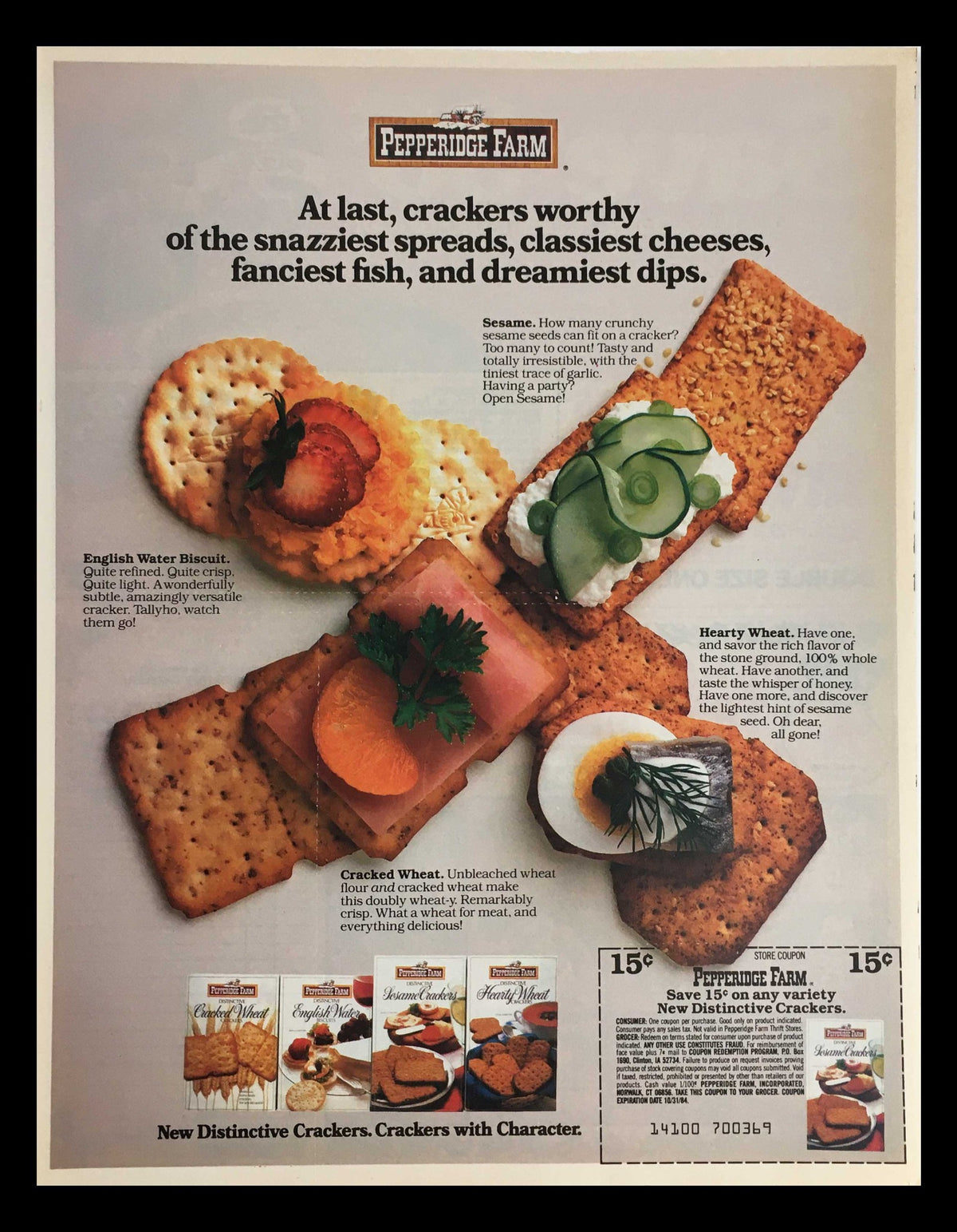 1984 Pepperidge Farm Distinctive Crackers Circular Coupon Advertisement showcasing various distinct crackers paired with spreads, highlighting the textures and flavors of the products.