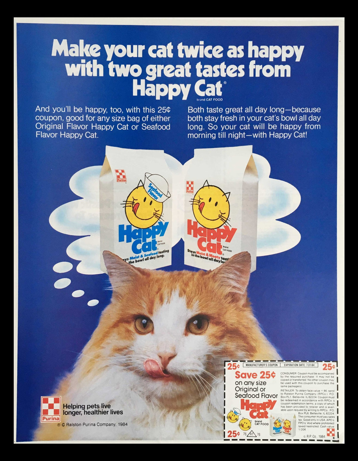 1984 Purina Happy Cat Seafood & Meaty Cat Food Circular Coupon Advertisement featuring a happy cat and promotional coupons for two flavors of Happy Cat. Vintage pet food advertisement.
