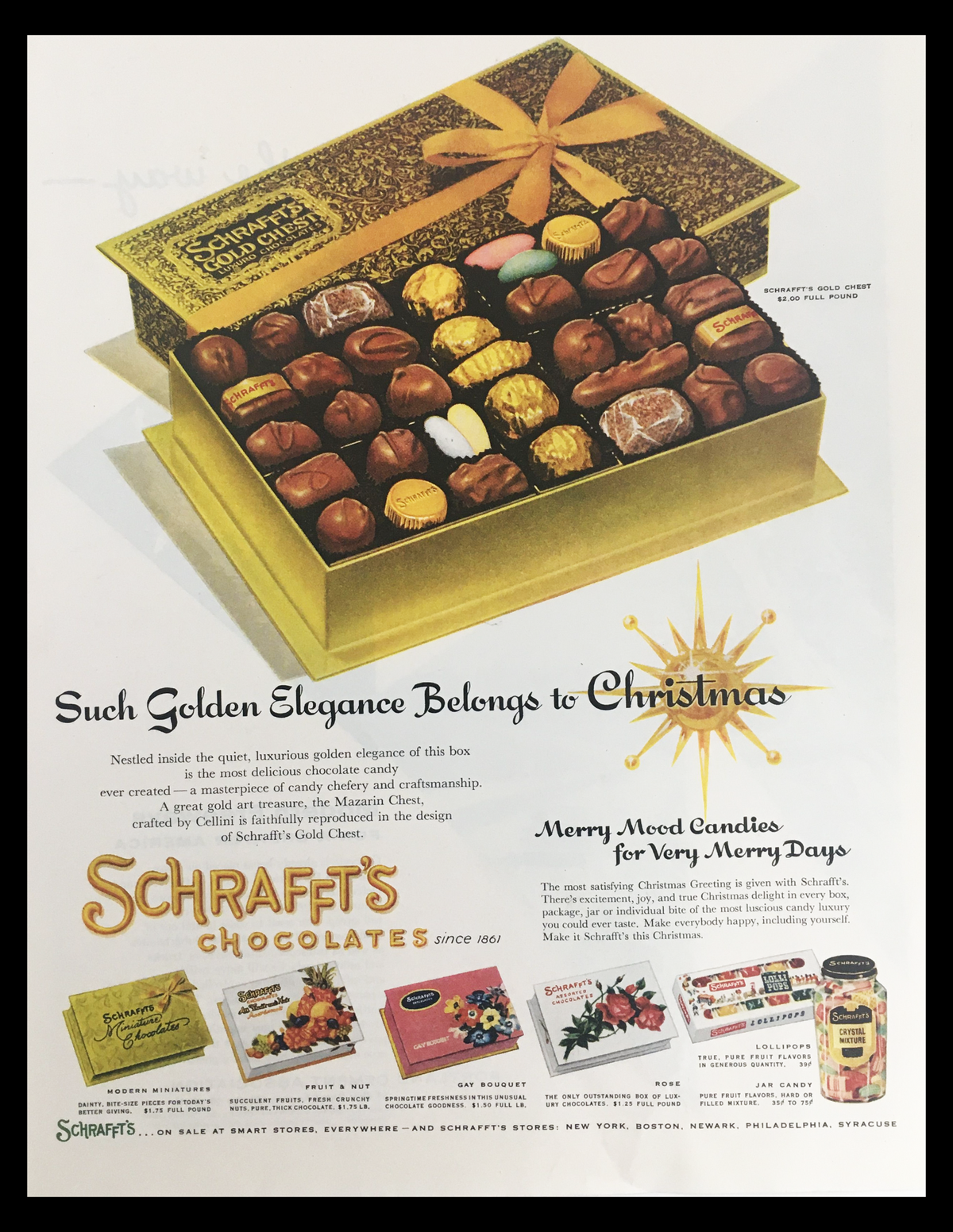 1956 Schraffts Gold Chest Chocolates Vintage Print Ad featuring a luxurious golden box of assorted chocolates elegantly decorated for Christmas, showcasing the rich heritage of Schraffts chocolates and classic advertising design.