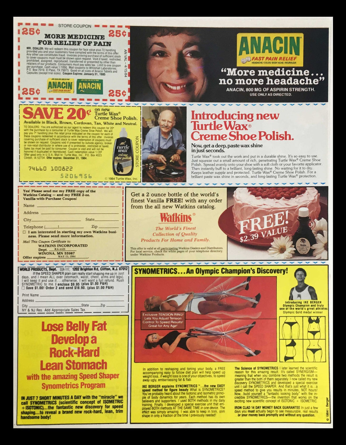 1984 Imperial Diet Reduced Calorie Margarine Circular Coupon Advertisement; additional coupons for Anacin and Turtle Wax, including promotional offers and health product advertisements.