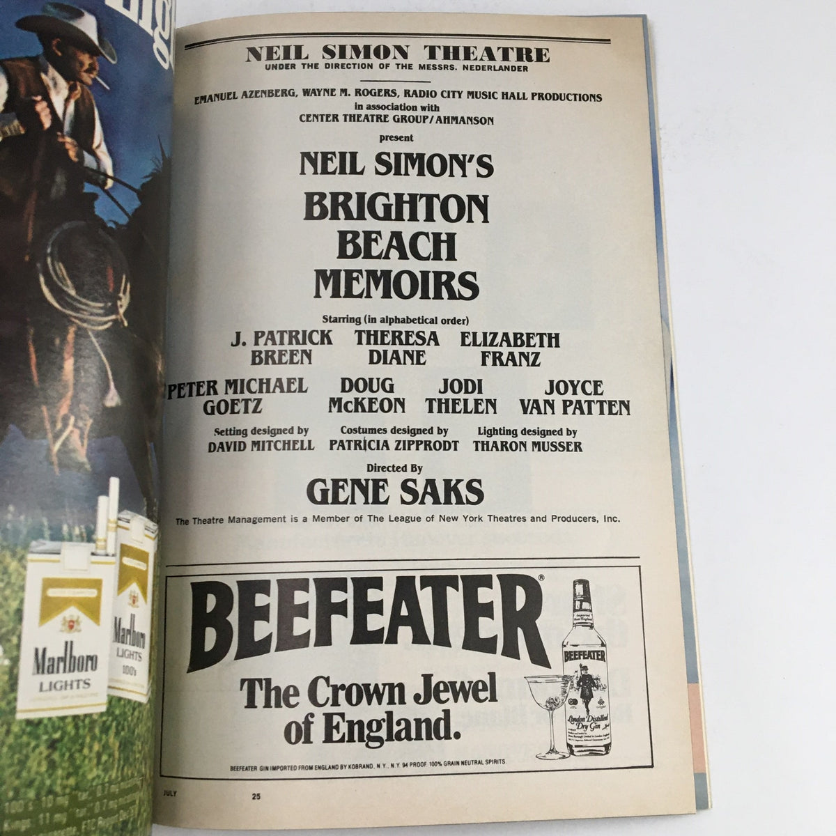 Advertisement page from the 1983 Playbill for Neil Simon's Brighton Beach Memoirs, showcasing cast members and production details along with promotions.