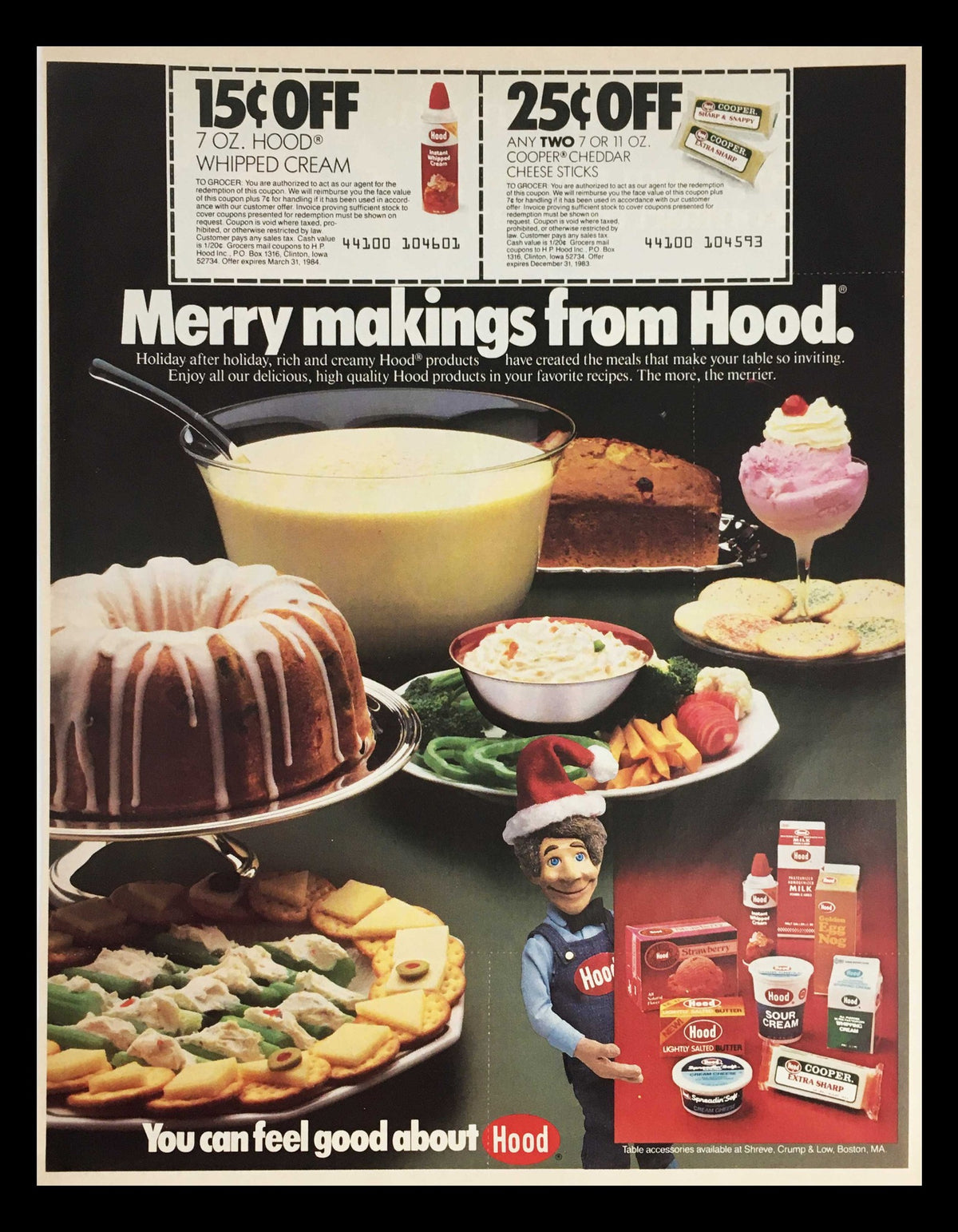 1983 Hood Rich and Creamy Products Circular Coupon Advertisement showcasing a festive table setting with Hood products, including whipped cream and cakes, highlighting coupon offers.
